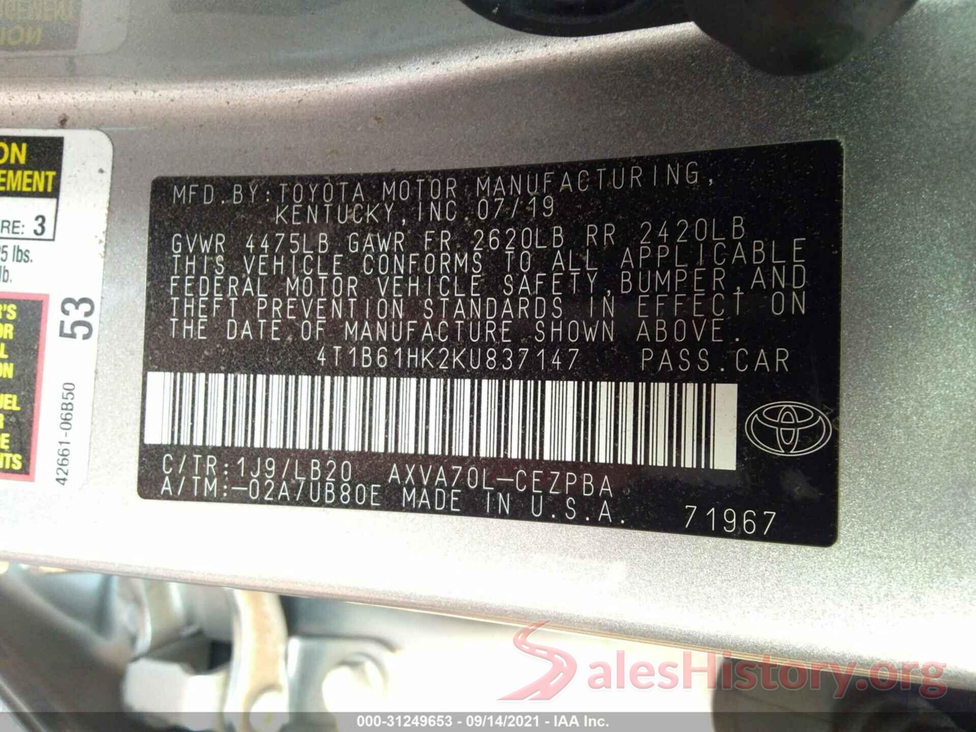 4T1B61HK2KU837147 2019 TOYOTA CAMRY