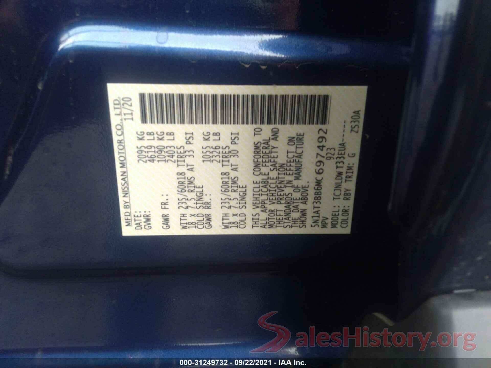 5N1AT3BB6MC697492 2021 NISSAN ROGUE