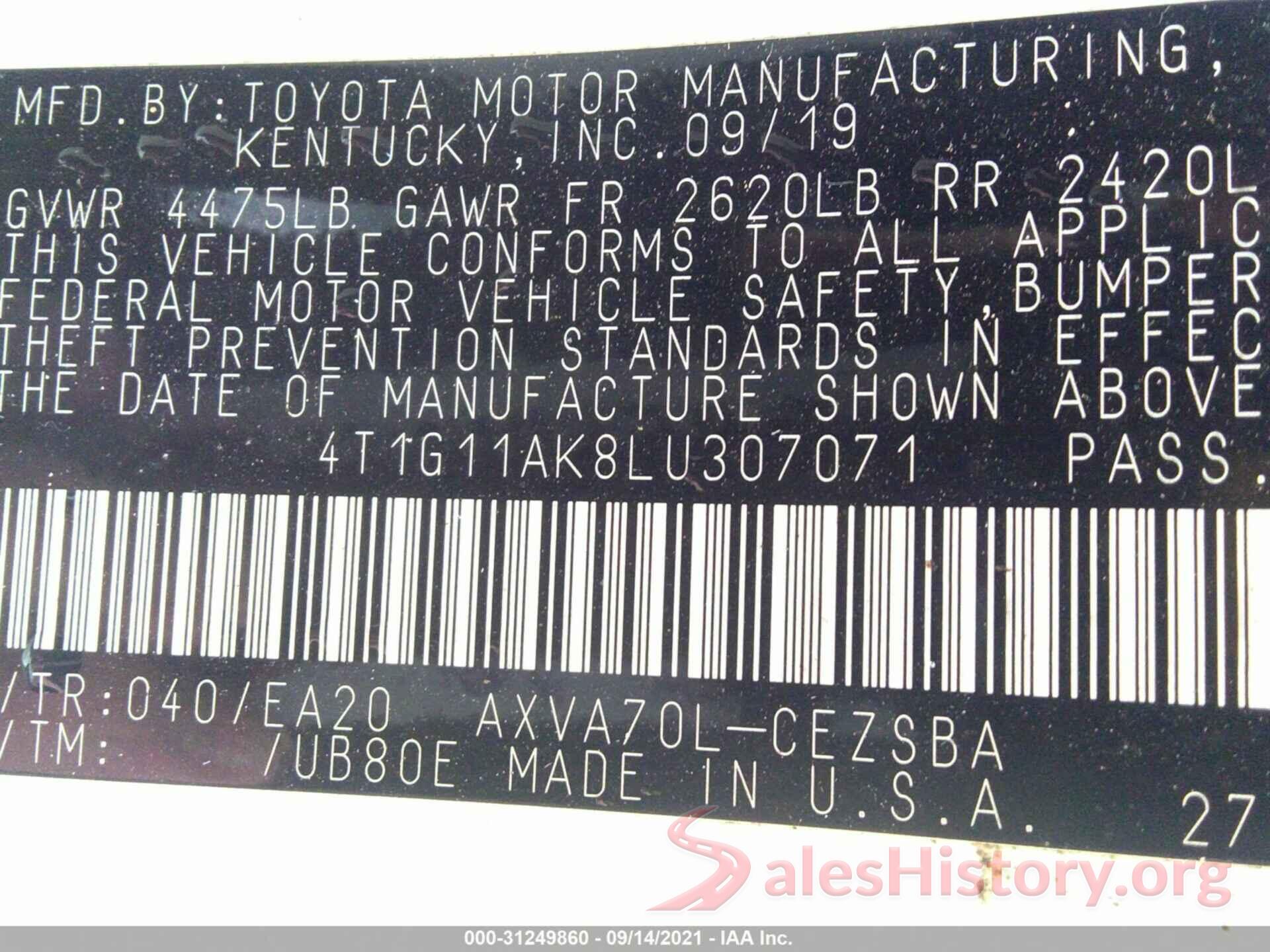 4T1G11AK8LU307071 2020 TOYOTA CAMRY