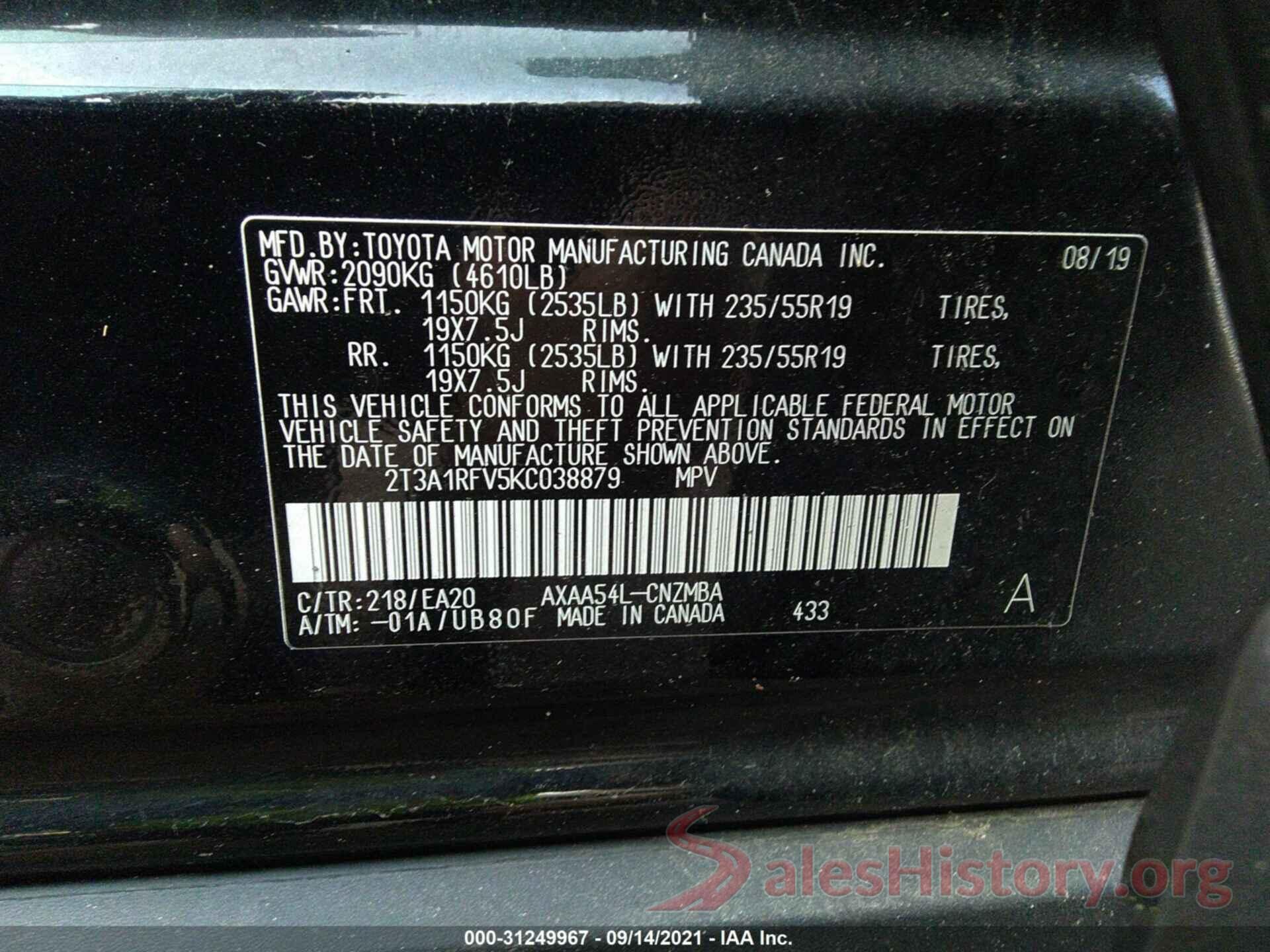 2T3A1RFV5KC038879 2019 TOYOTA RAV4