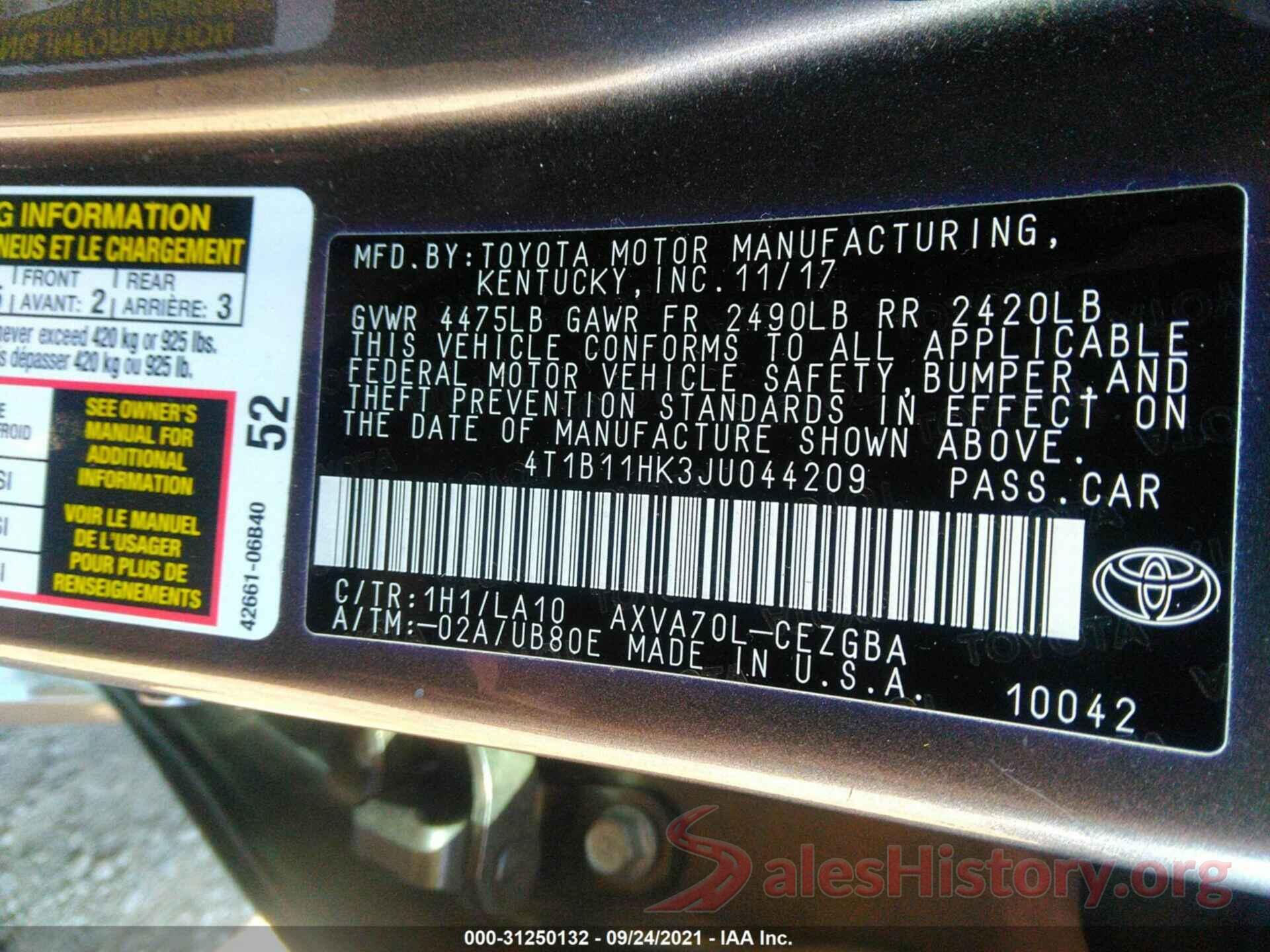 4T1B11HK3JU044209 2018 TOYOTA CAMRY