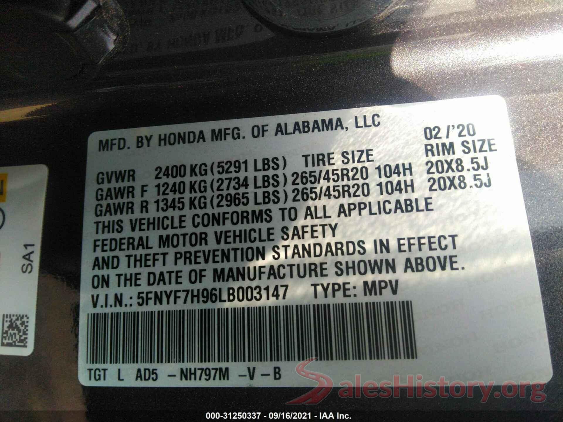 5FNYF7H96LB003147 2020 HONDA PASSPORT