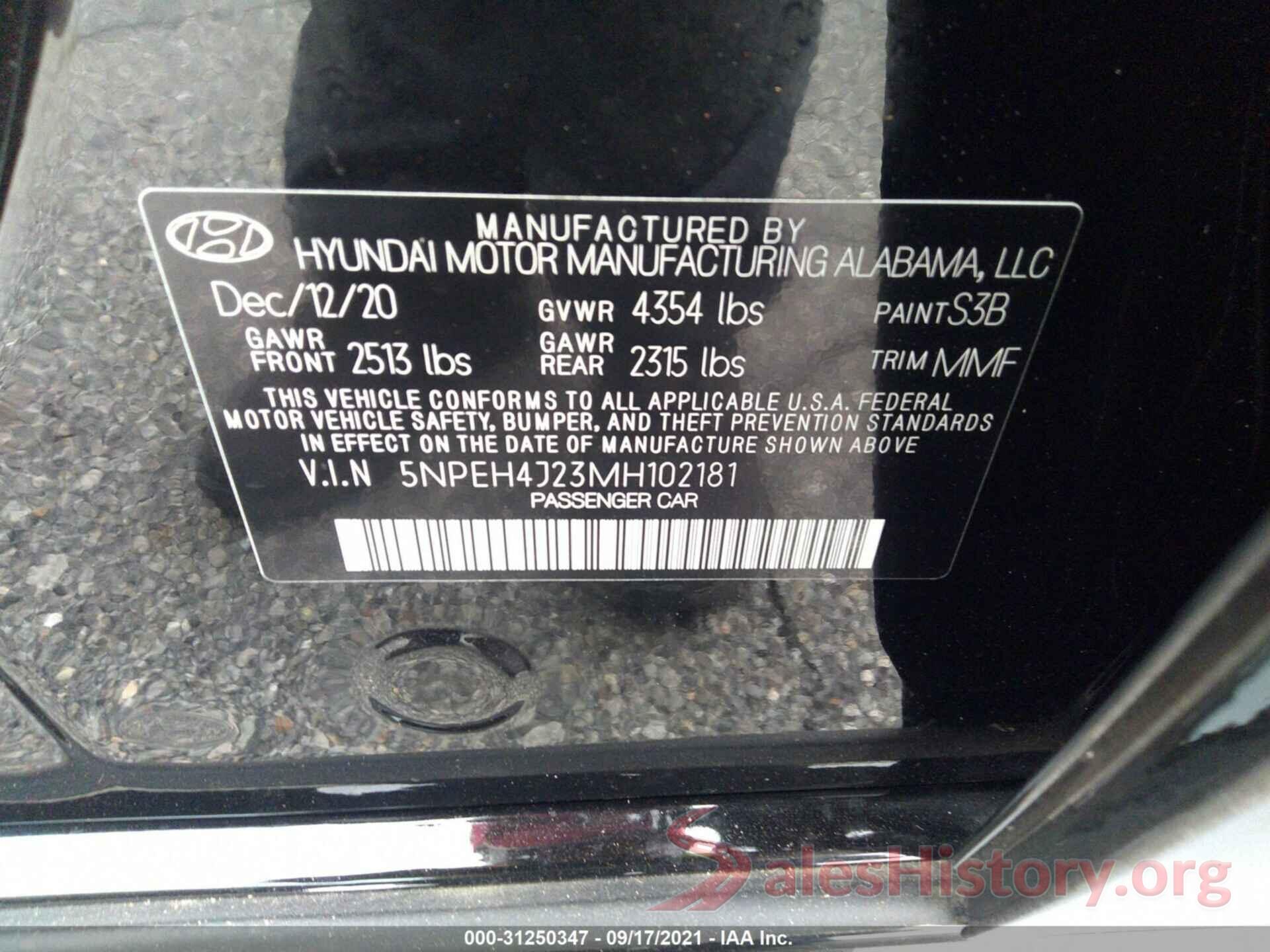 5NPEH4J23MH102181 2021 HYUNDAI SONATA