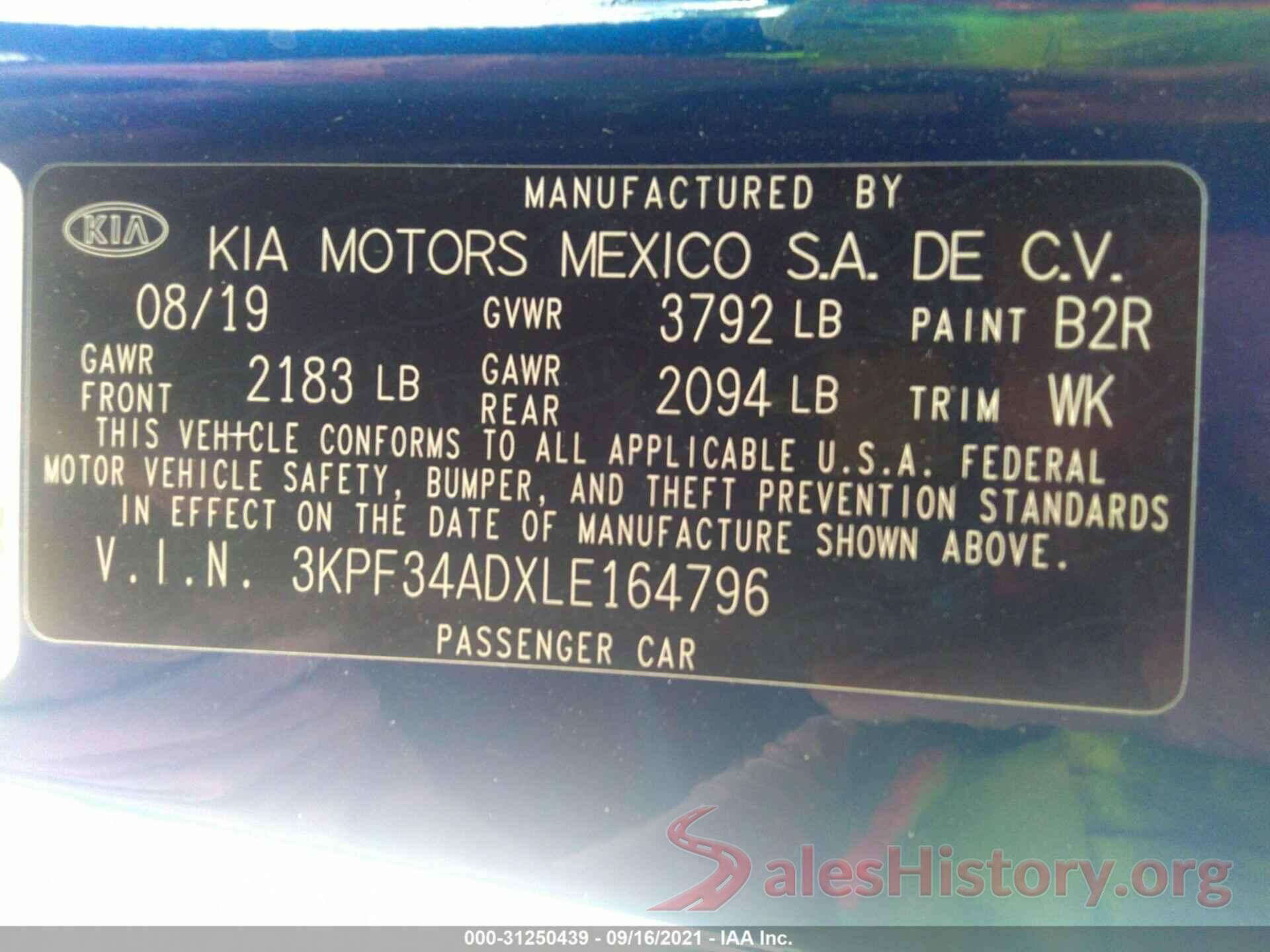 3KPF34ADXLE164796 2020 KIA FORTE