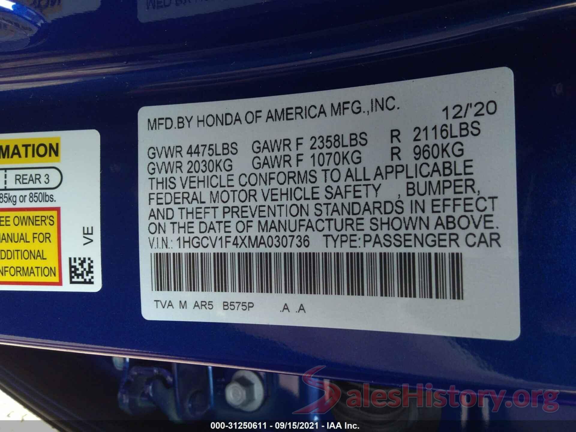 1HGCV1F4XMA030736 2021 HONDA ACCORD SEDAN