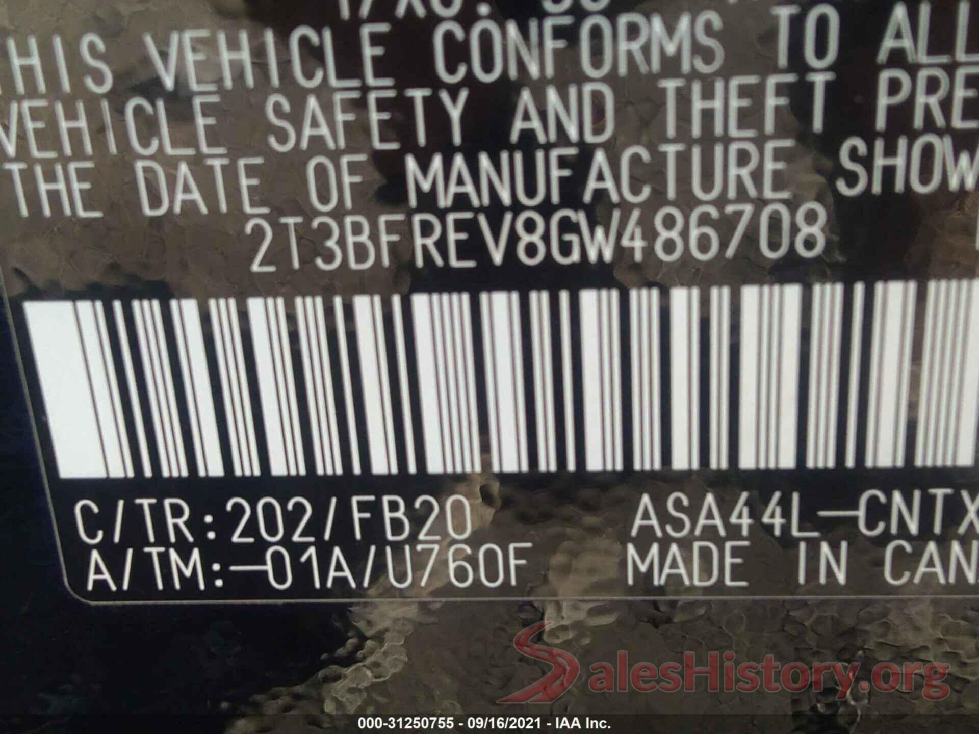 2T3BFREV8GW486708 2016 TOYOTA RAV4