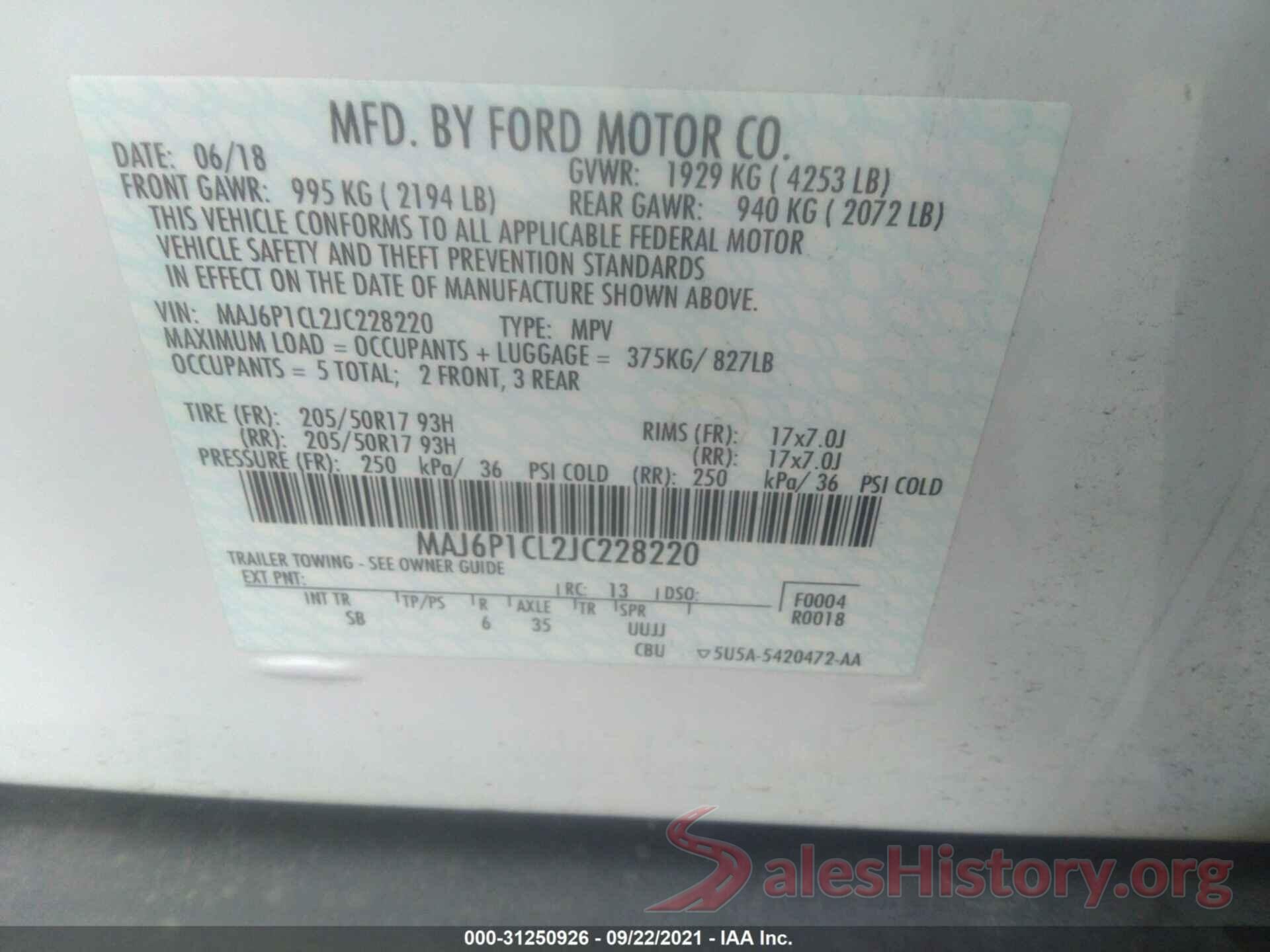 MAJ6P1CL2JC228220 2018 FORD ECOSPORT