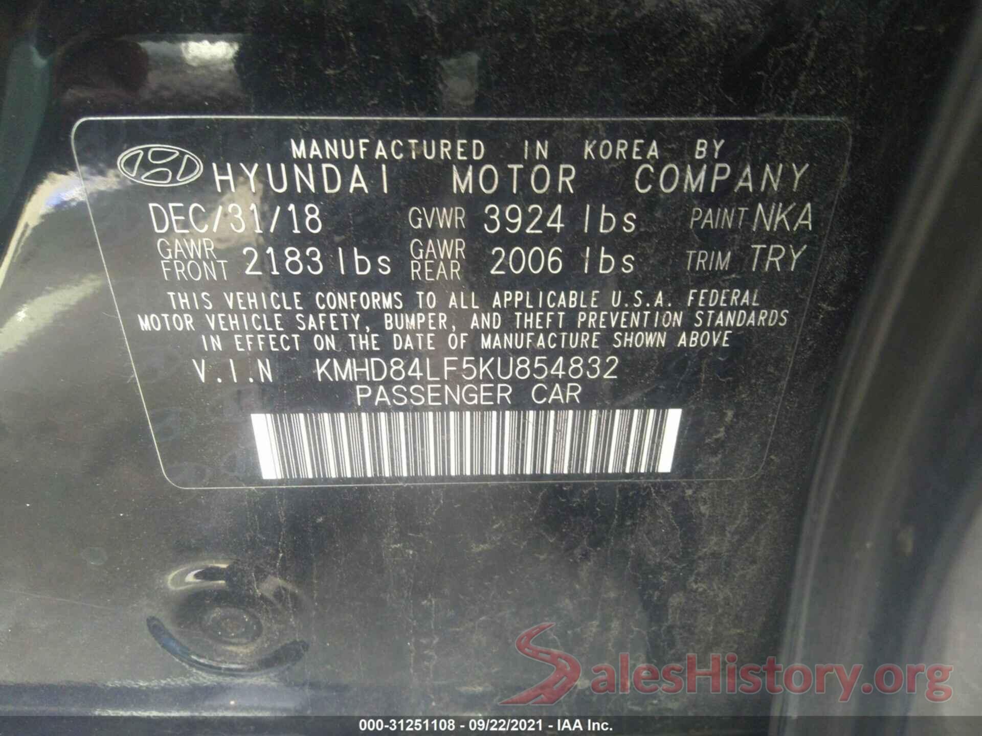 KMHD84LF5KU854832 2019 HYUNDAI ELANTRA