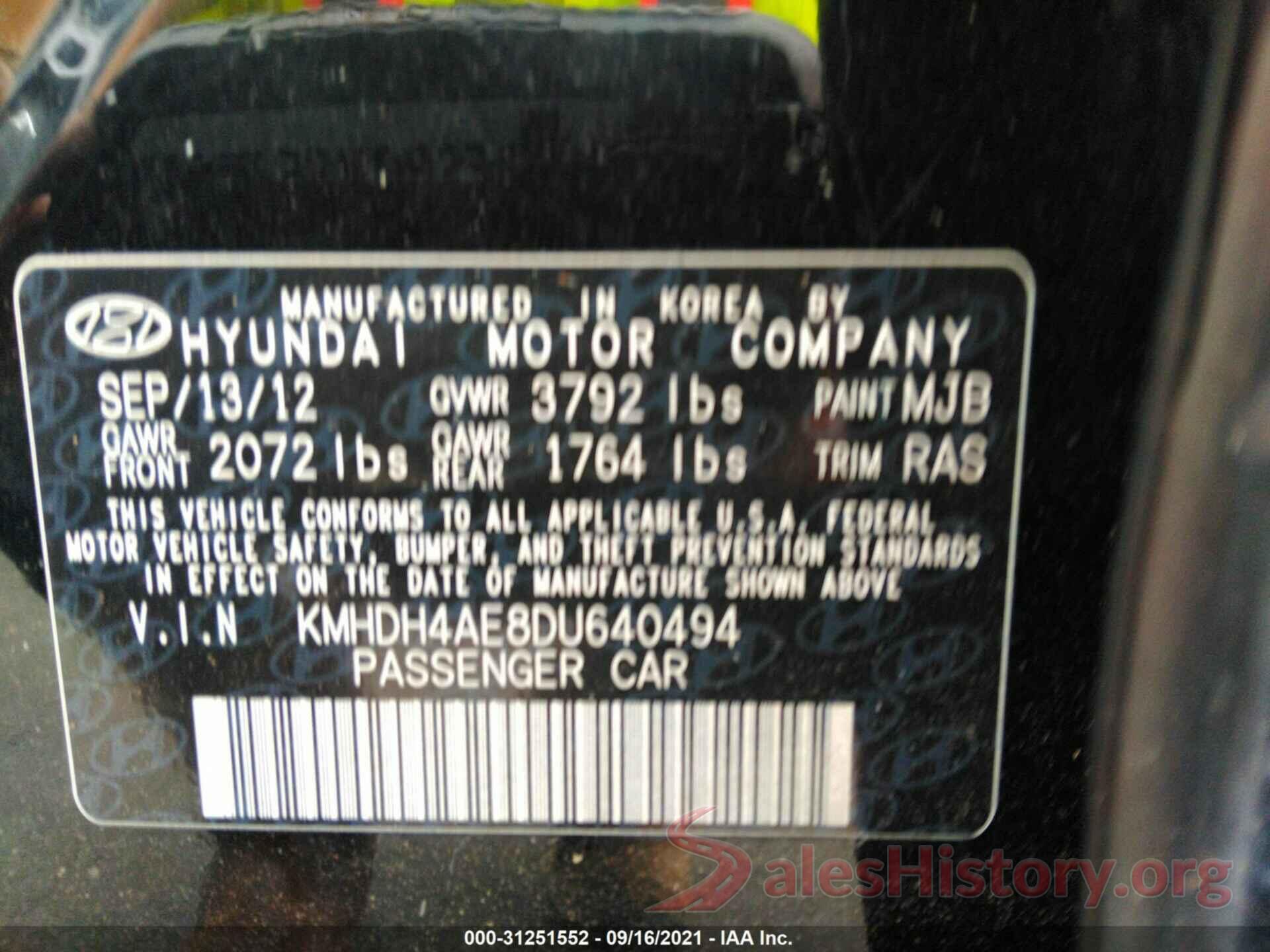 KMHDH4AE8DU640494 2013 HYUNDAI ELANTRA