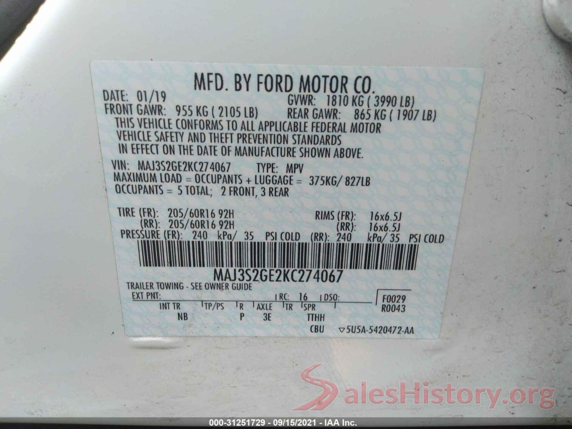 MAJ3S2GE2KC274067 2019 FORD ECOSPORT