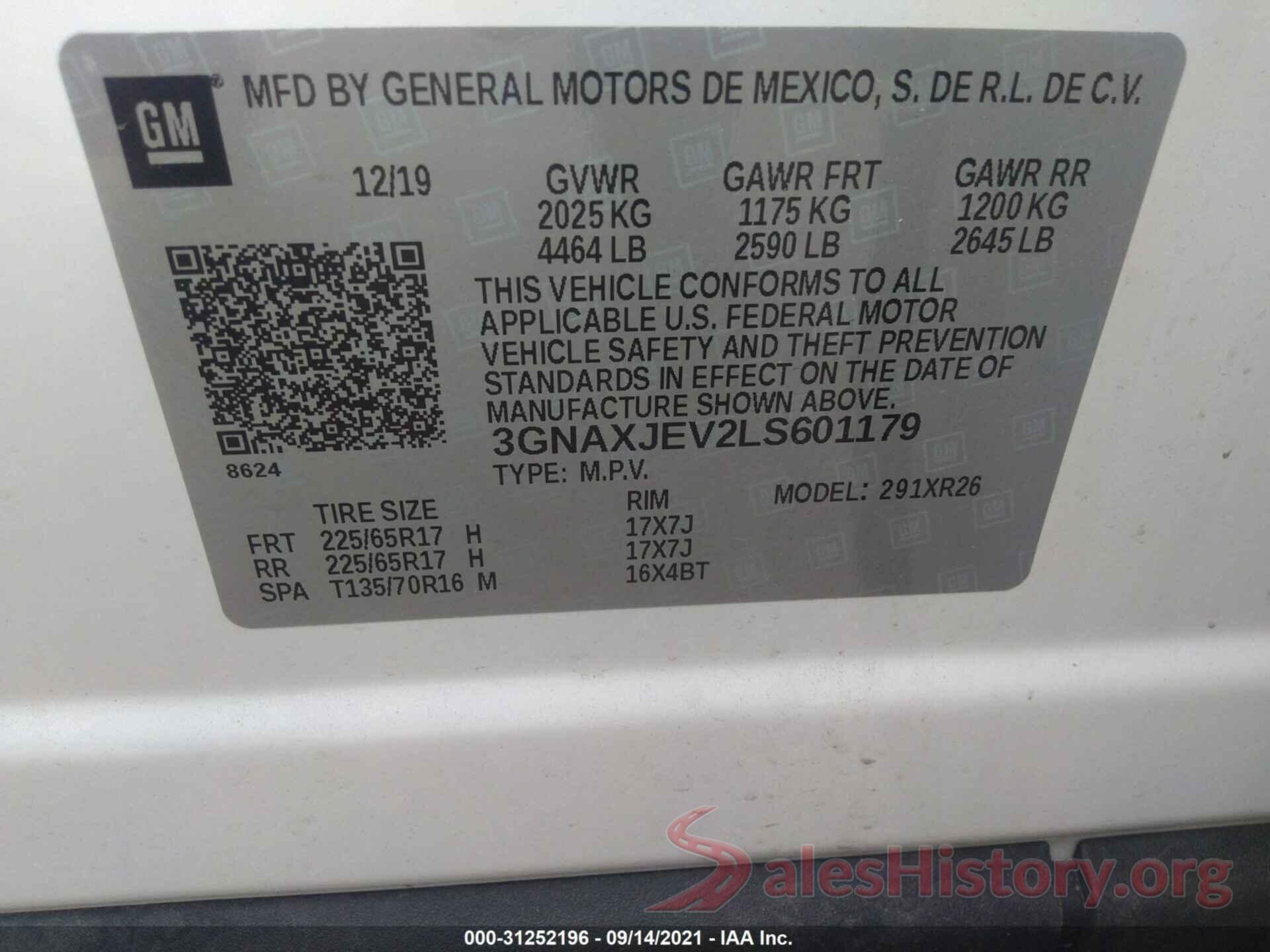 3GNAXJEV2LS601179 2020 CHEVROLET EQUINOX