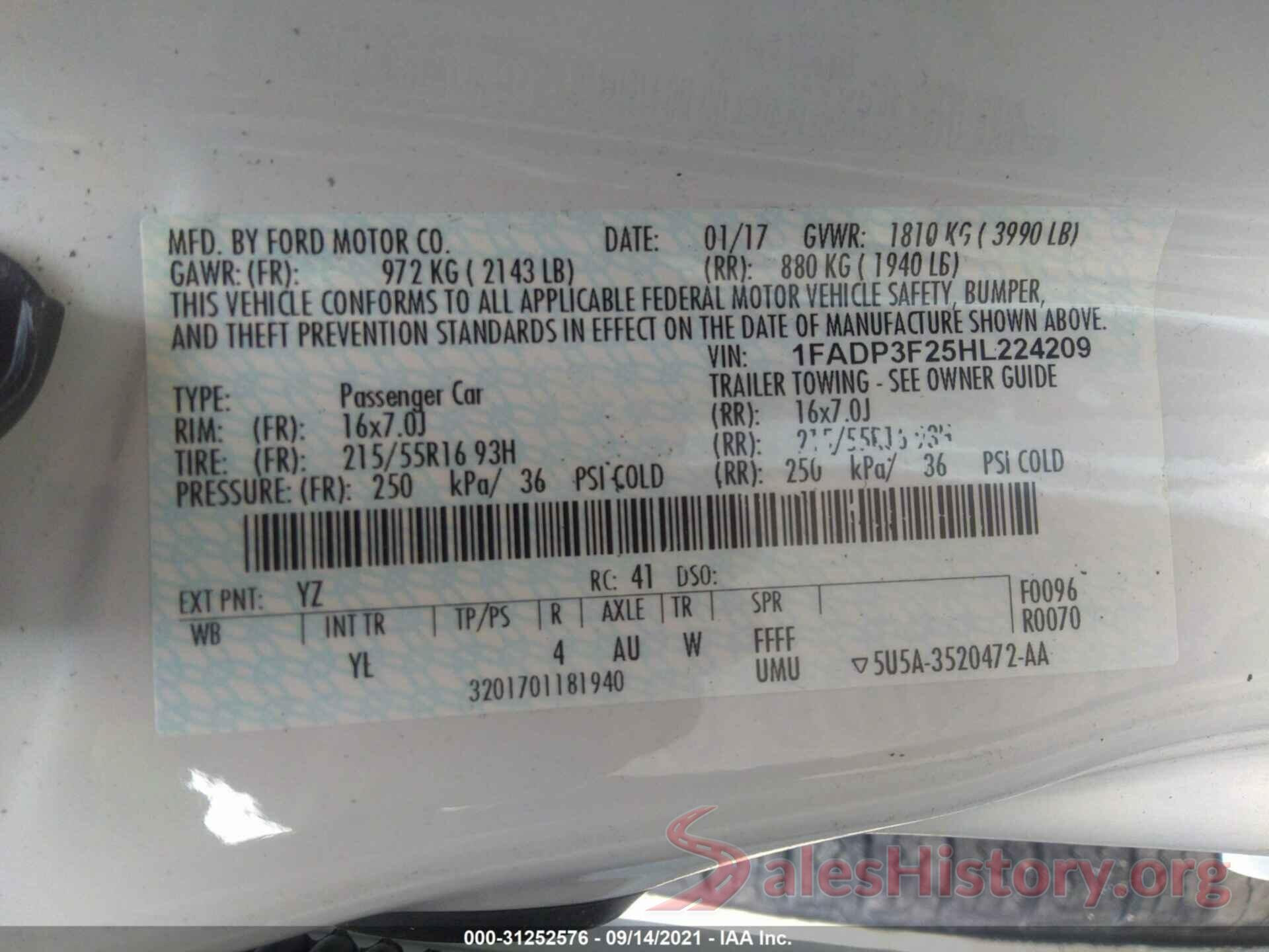 1FADP3F25HL224209 2017 FORD FOCUS