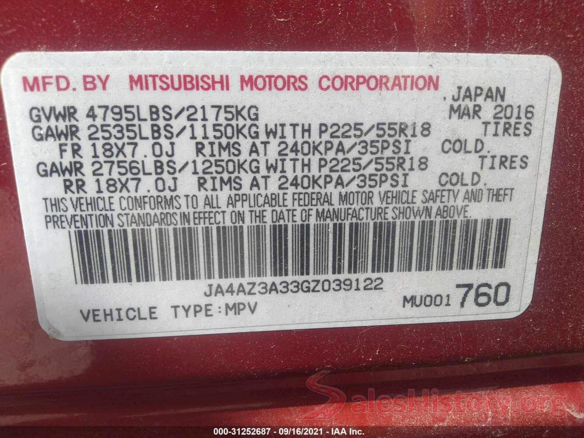 JA4AZ3A33GZ039122 2016 MITSUBISHI OUTLANDER