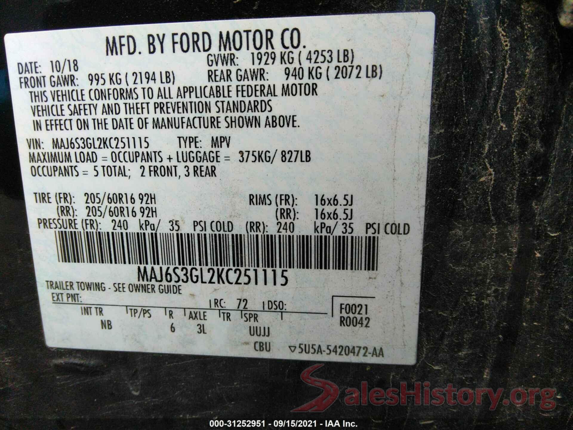 MAJ6S3GL2KC251115 2019 FORD ECOSPORT