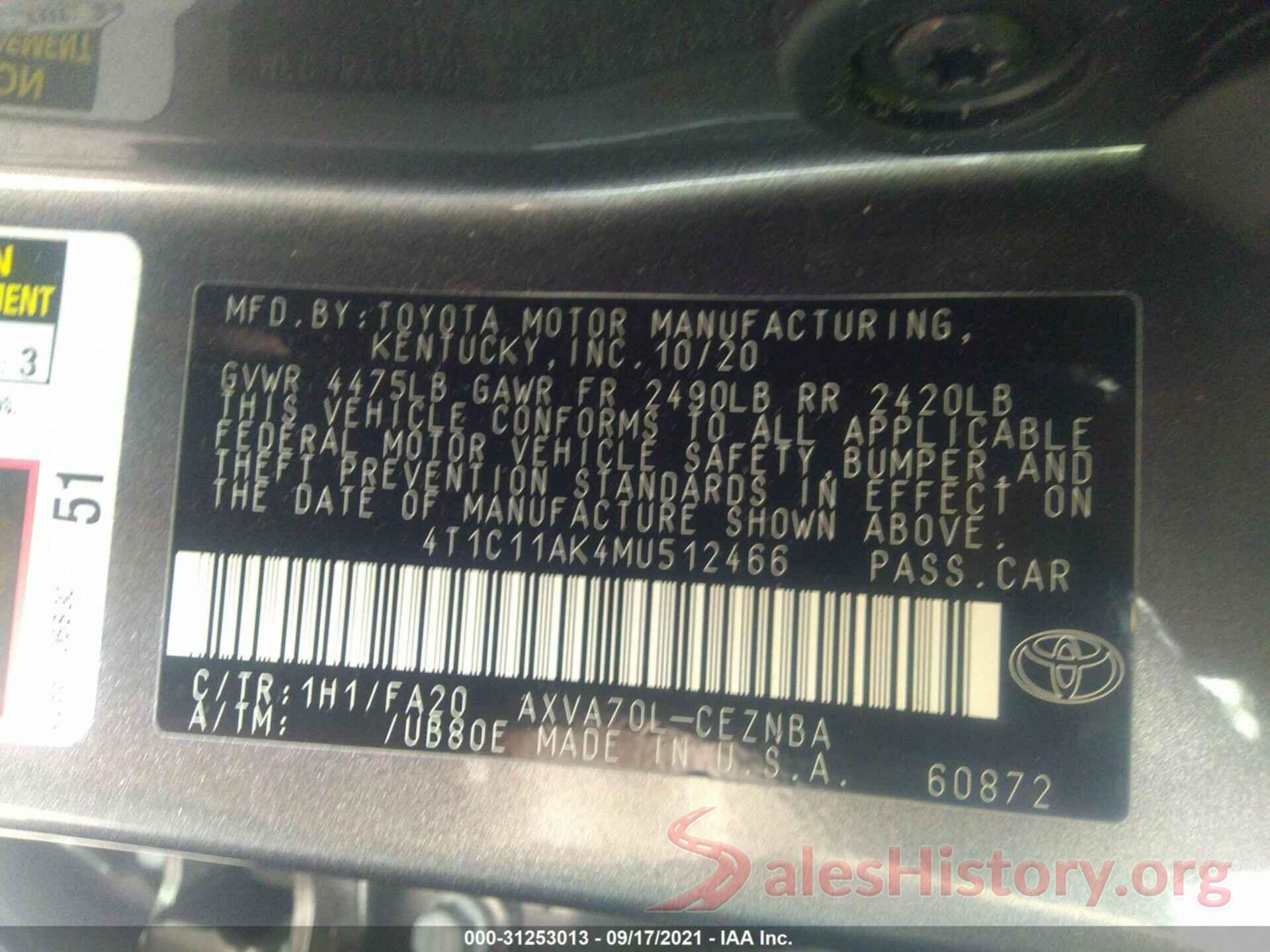 4T1C11AK4MU512466 2021 TOYOTA CAMRY