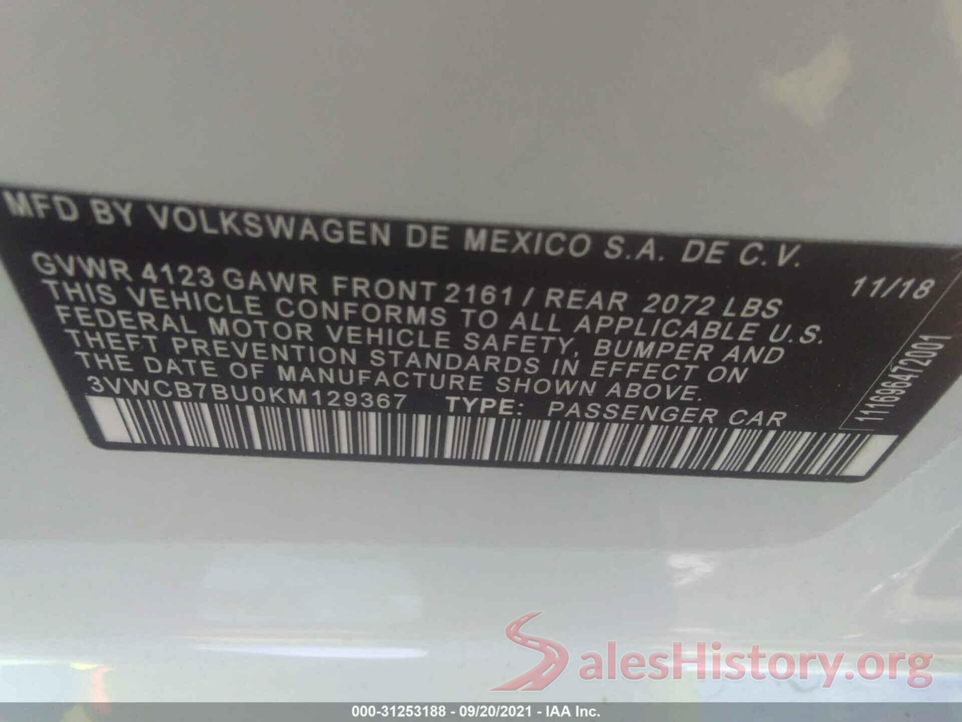 3VWCB7BU0KM129367 2019 VOLKSWAGEN JETTA