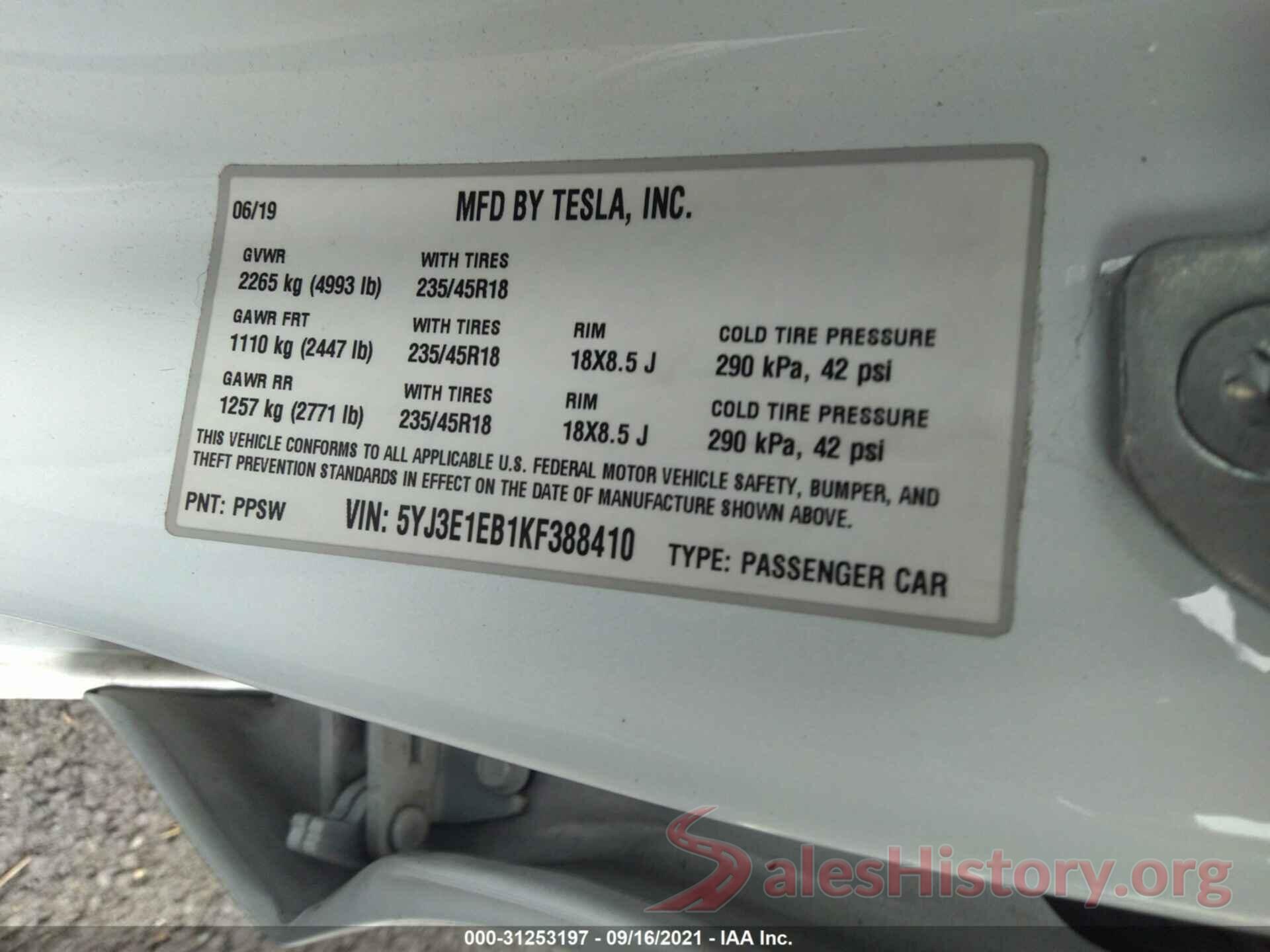 5YJ3E1EB1KF388410 2019 TESLA MODEL 3