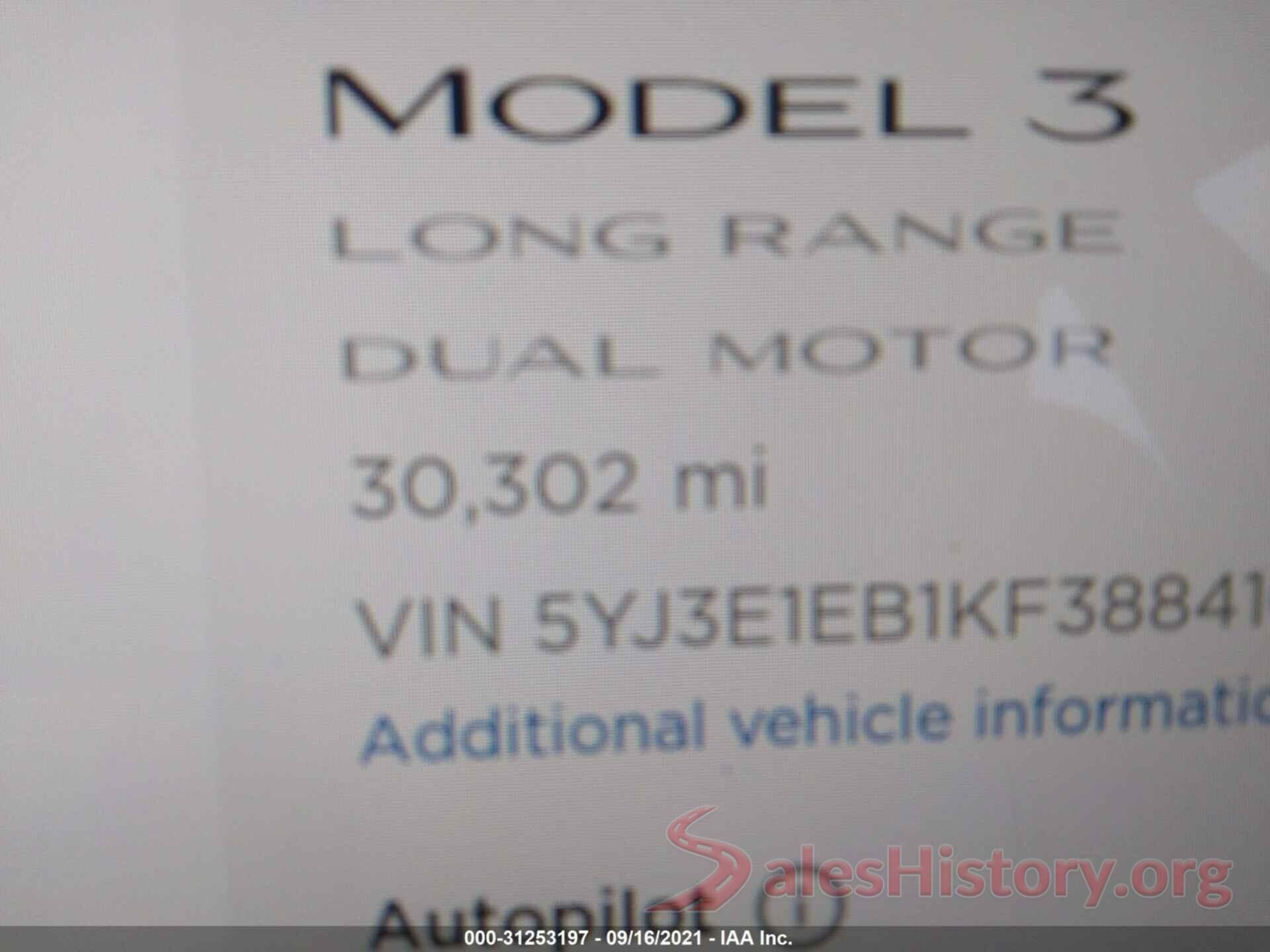 5YJ3E1EB1KF388410 2019 TESLA MODEL 3