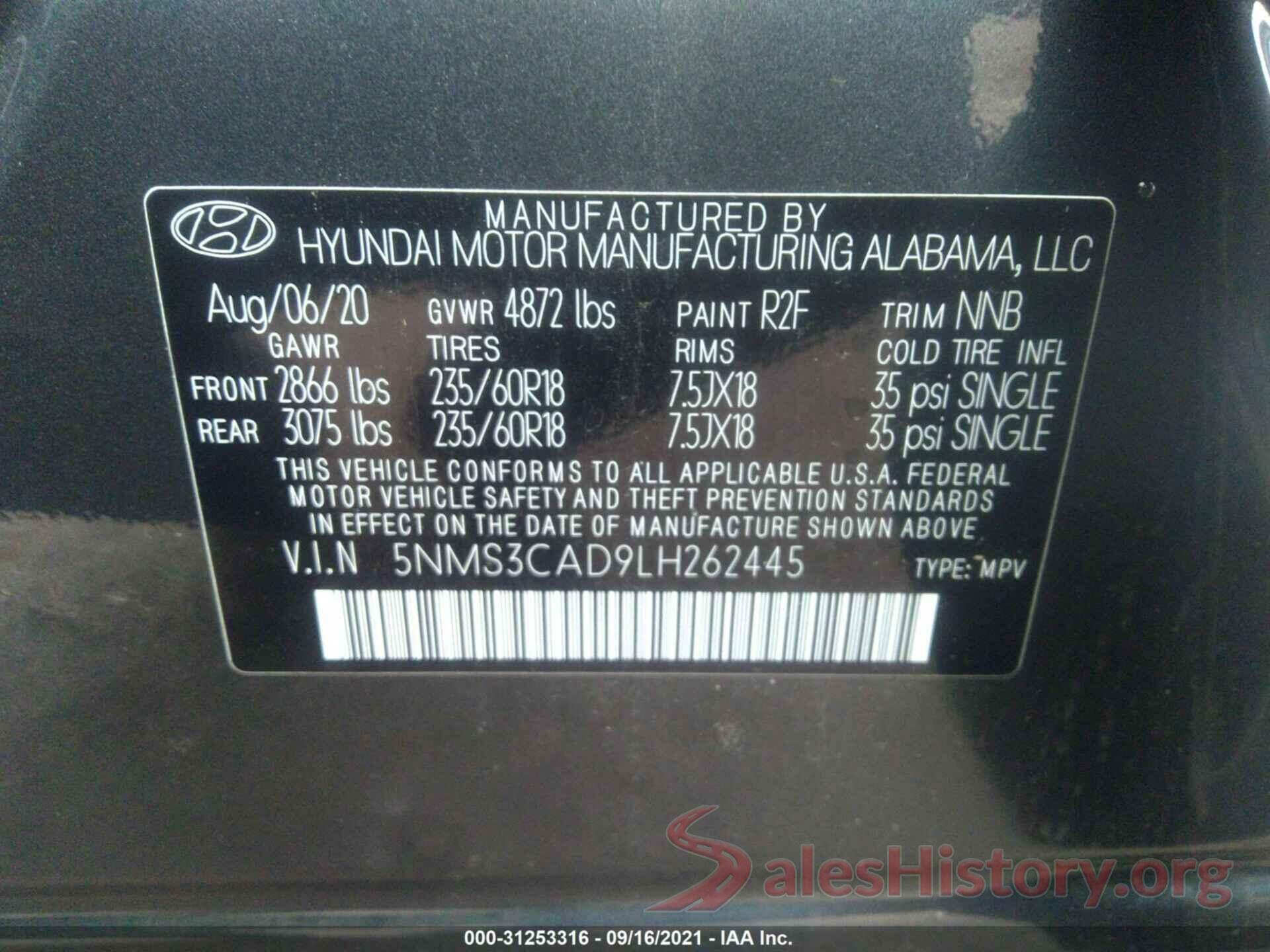 5NMS3CAD9LH262445 2020 HYUNDAI SANTA FE