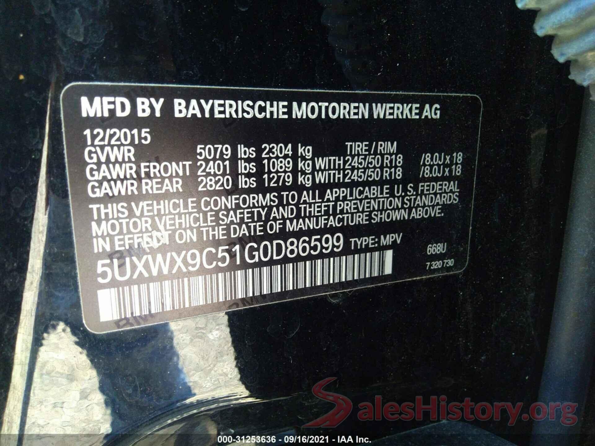 5UXWX9C51G0D86599 2016 BMW X3