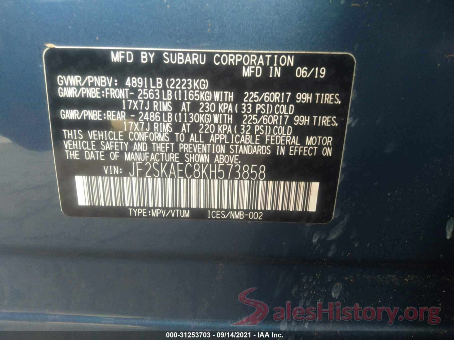 JF2SKAEC8KH573858 2019 SUBARU FORESTER