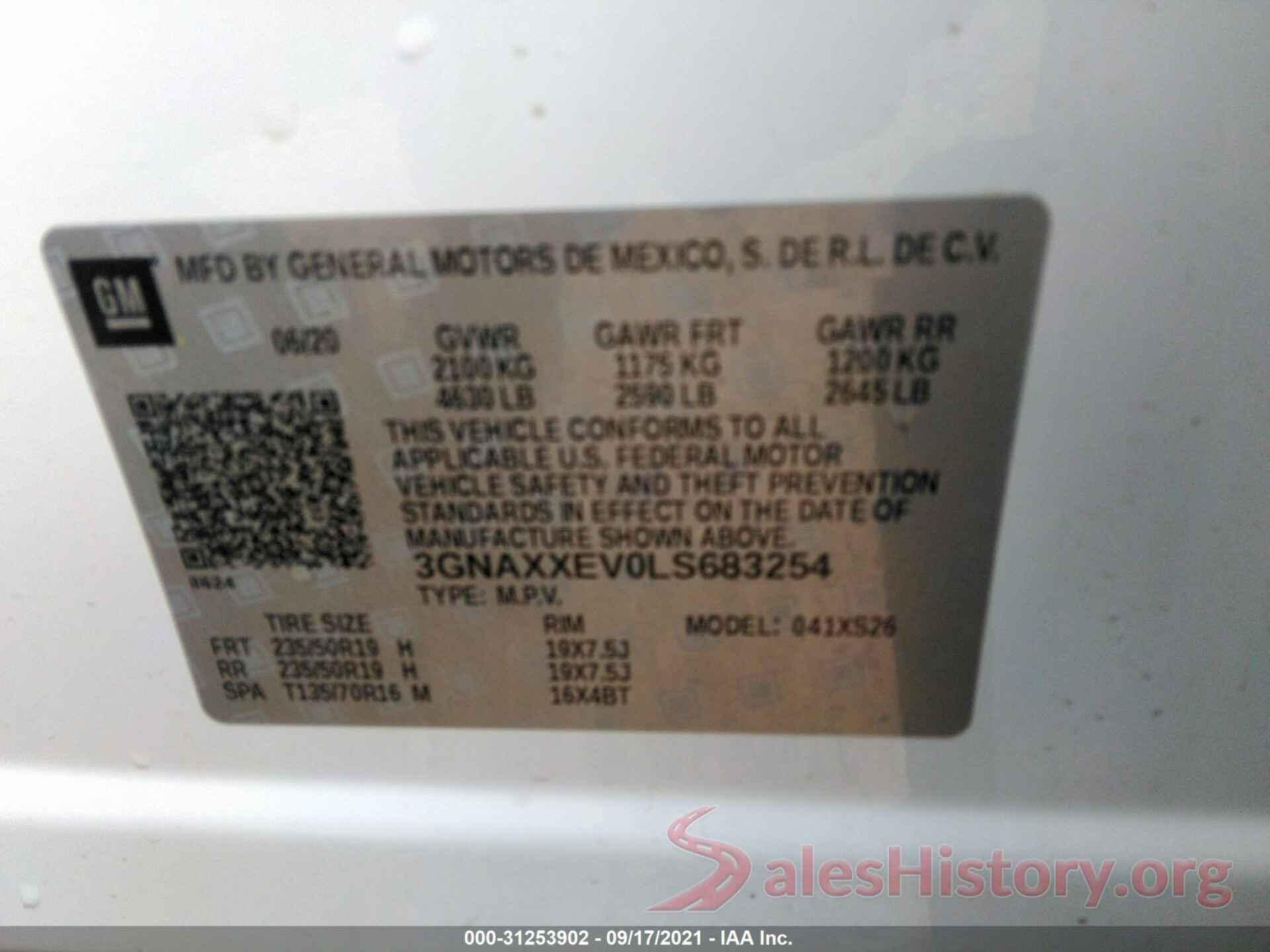 3GNAXXEV0LS683254 2020 CHEVROLET EQUINOX