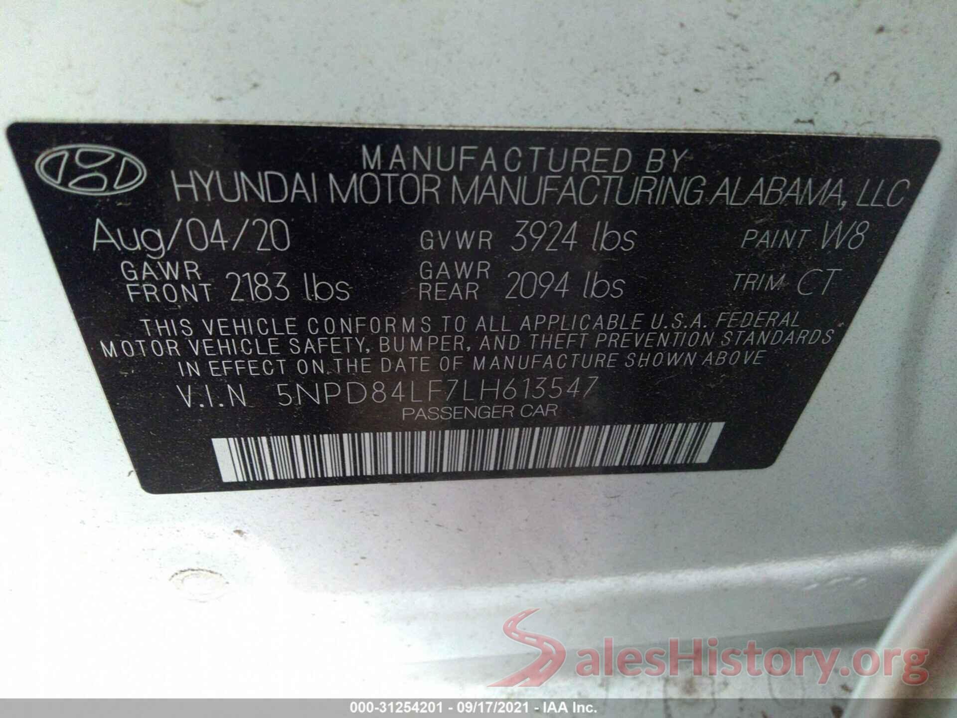 5NPD84LF7LH613547 2020 HYUNDAI ELANTRA