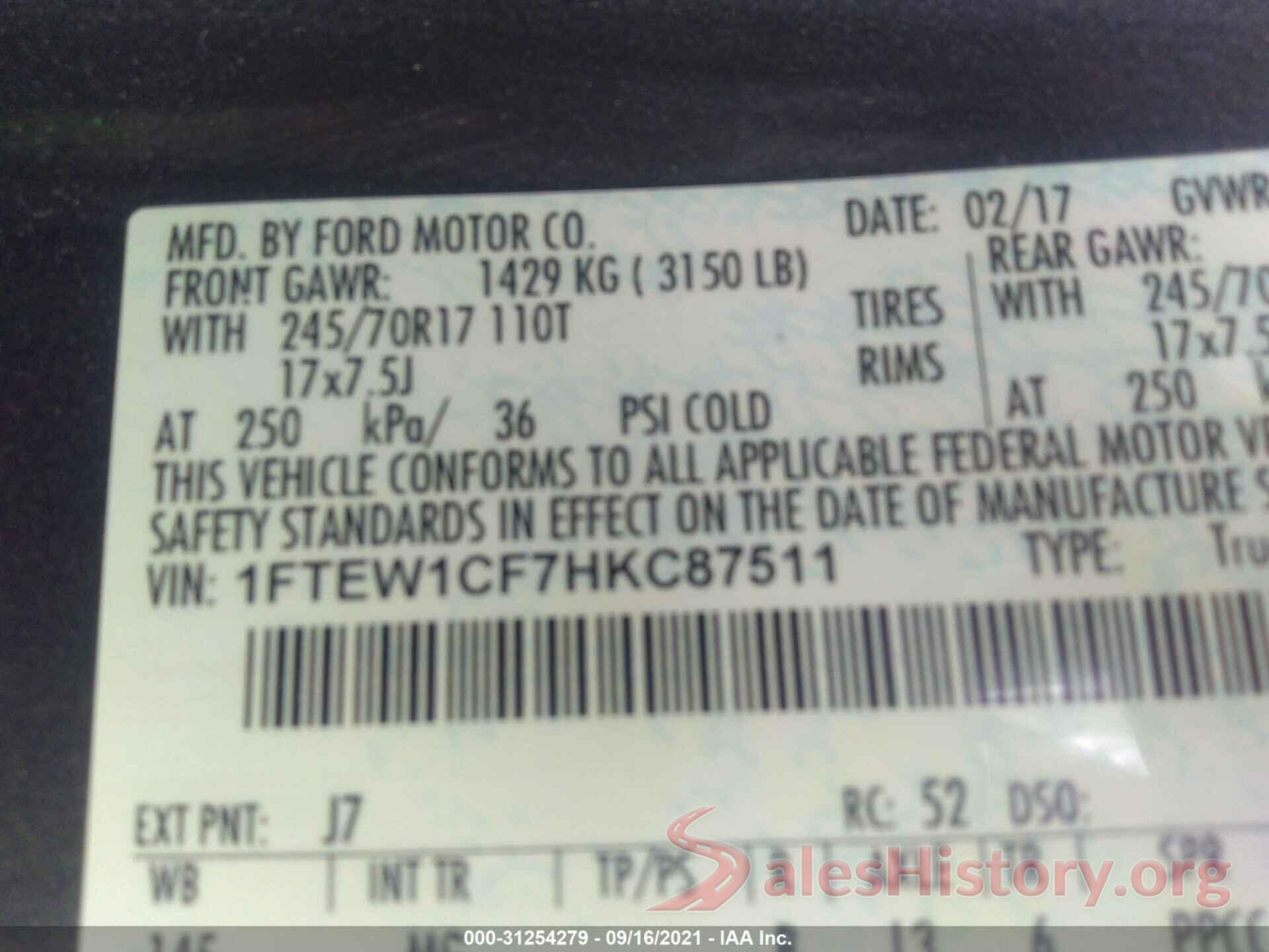 1FTEW1CF7HKC87511 2017 FORD F-150