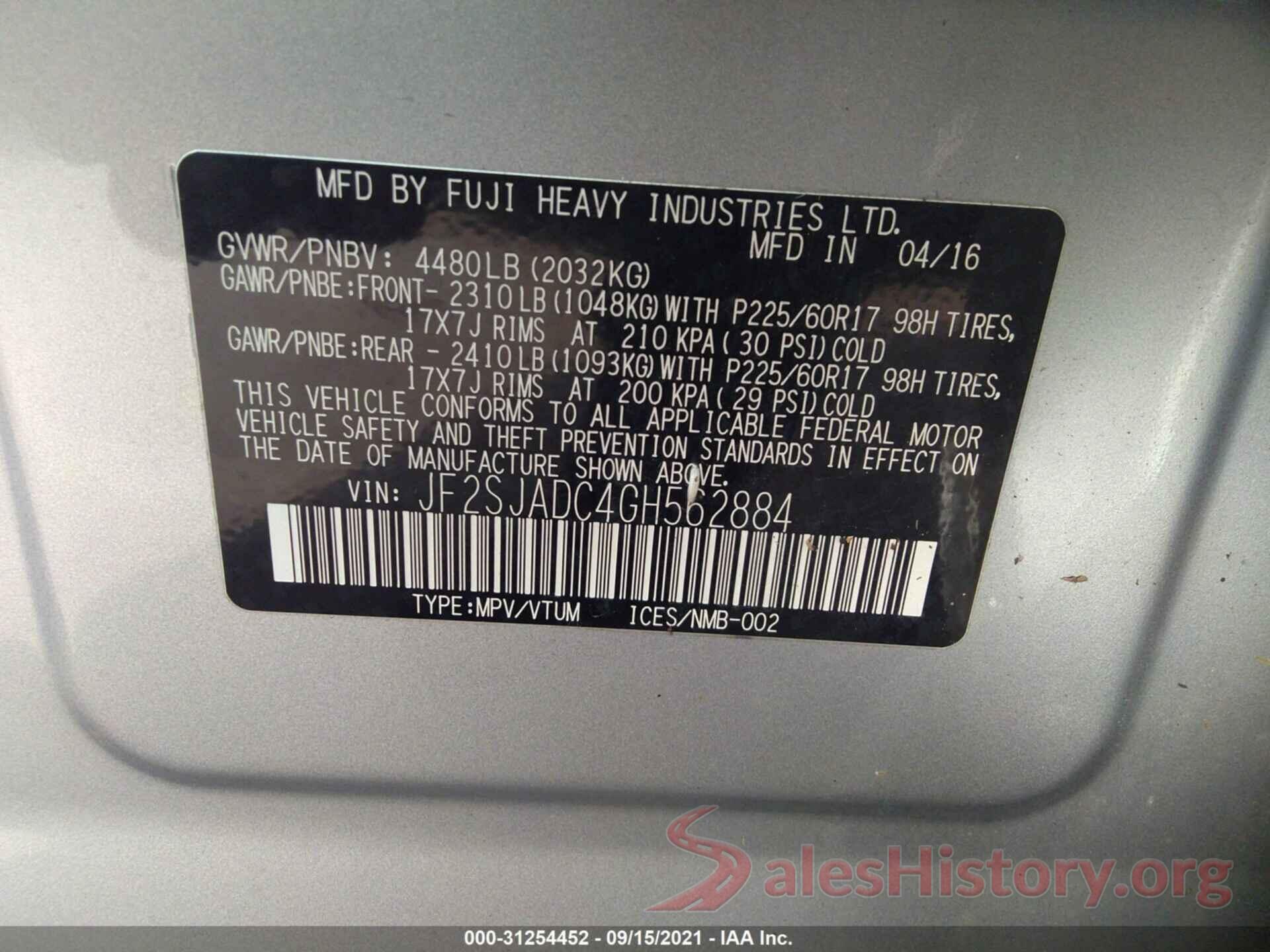 JF2SJADC4GH562884 2016 SUBARU FORESTER