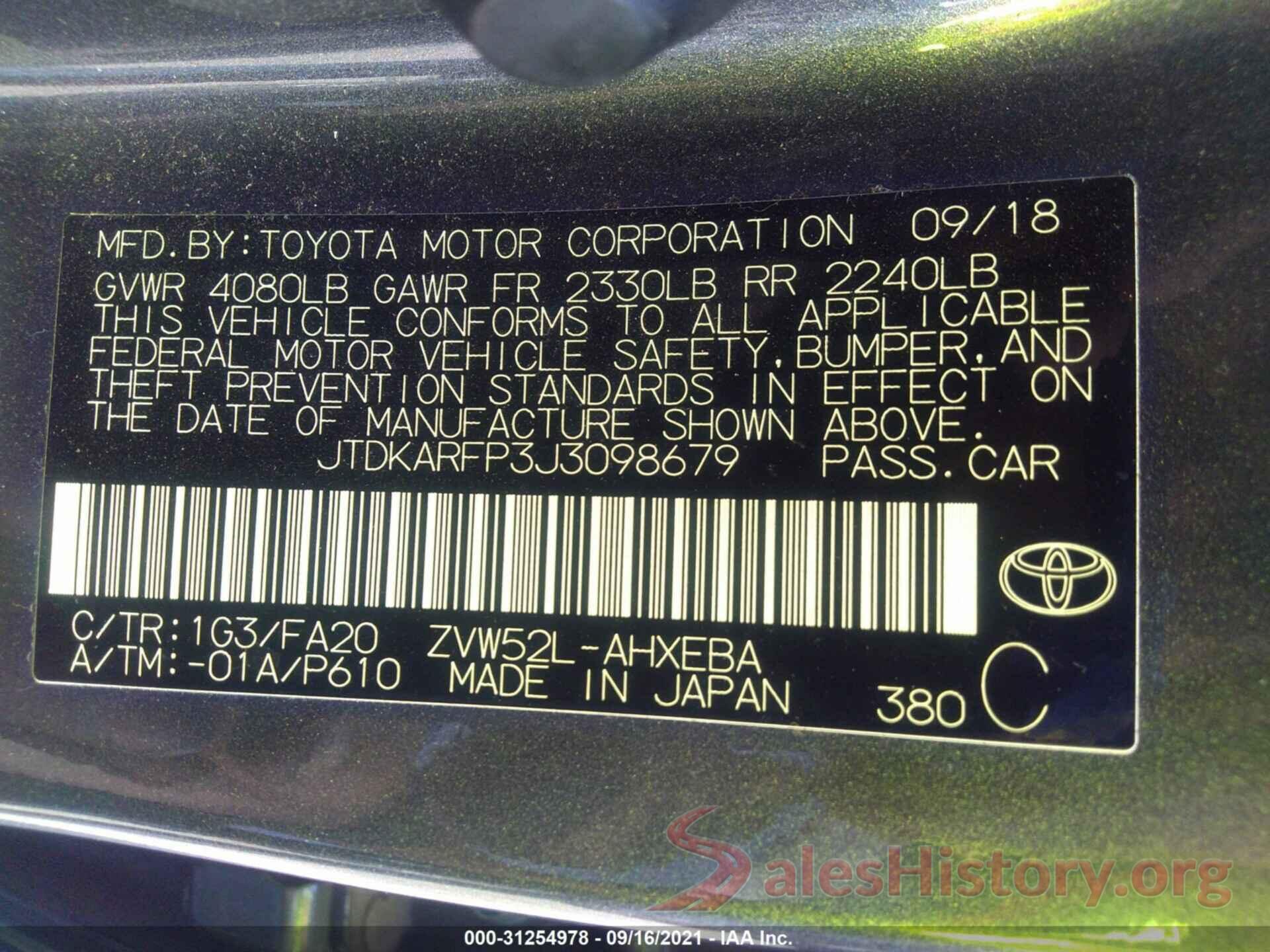 JTDKARFP3J3098679 2018 TOYOTA PRIUS PRIME