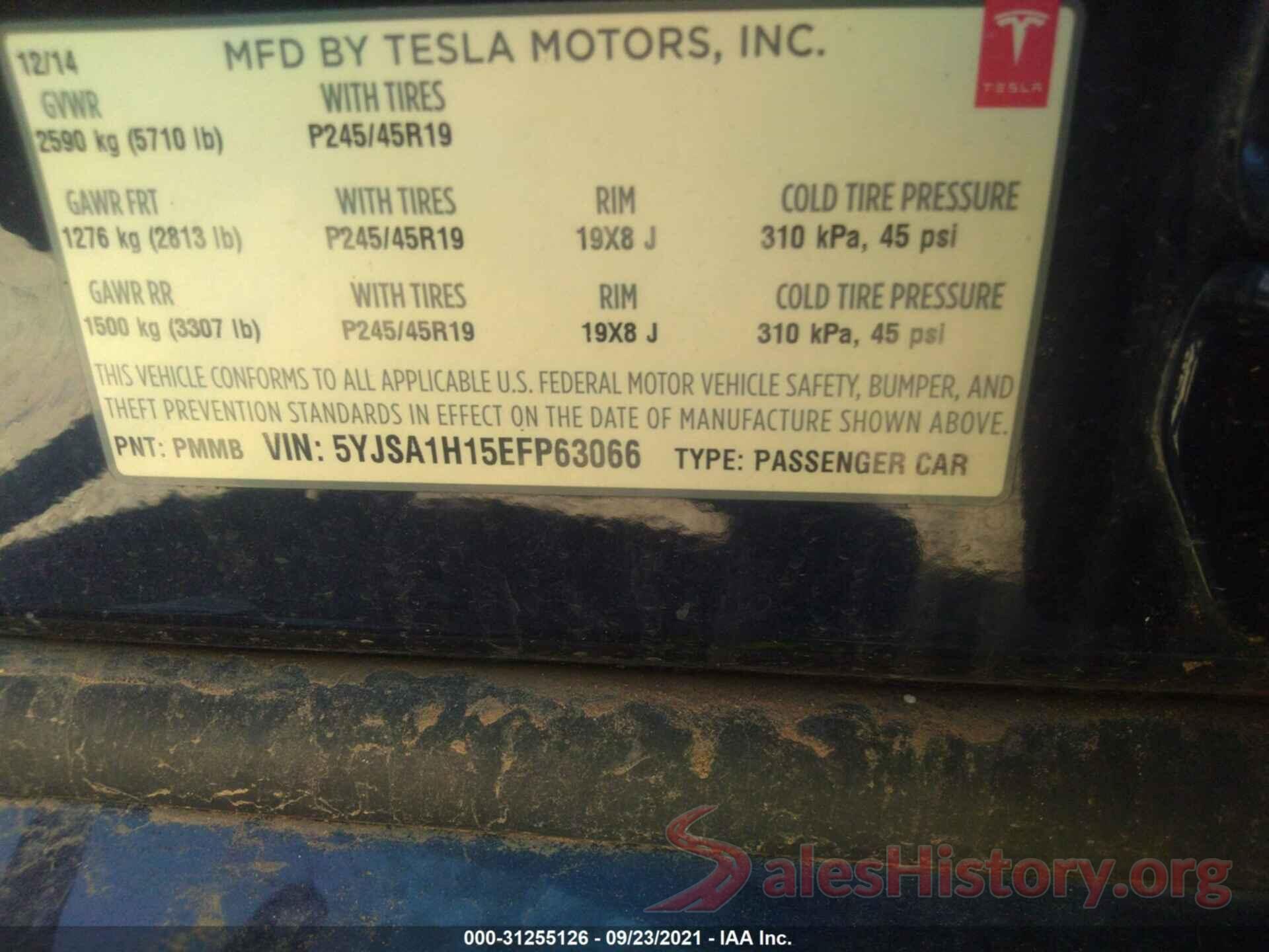 5YJSA1H15EFP63066 2014 TESLA MODEL S