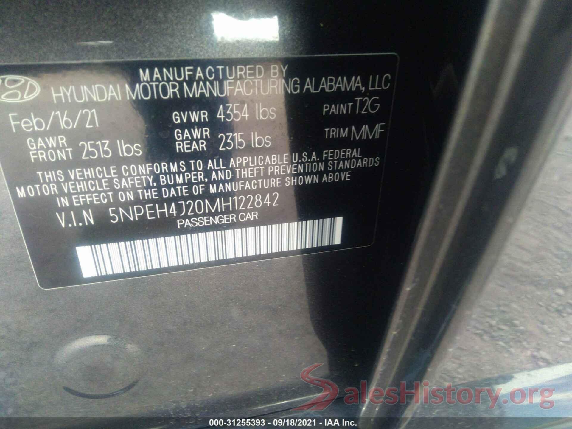 5NPEH4J20MH122842 2021 HYUNDAI SONATA