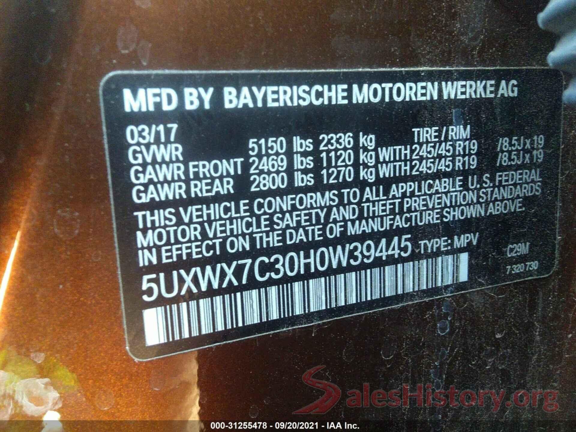 5UXWX7C30H0W39445 2017 BMW X3