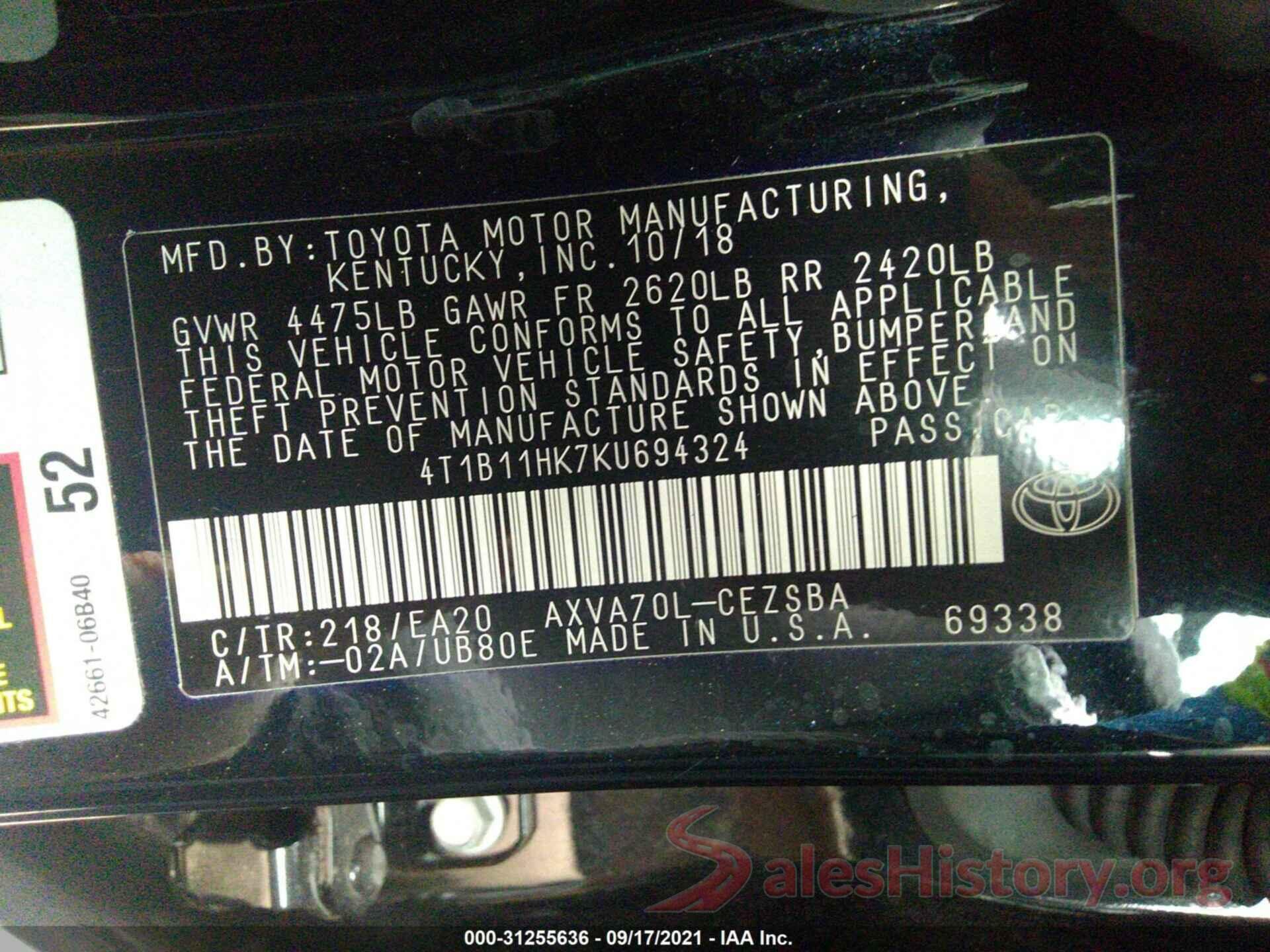 4T1B11HK7KU694324 2019 TOYOTA CAMRY