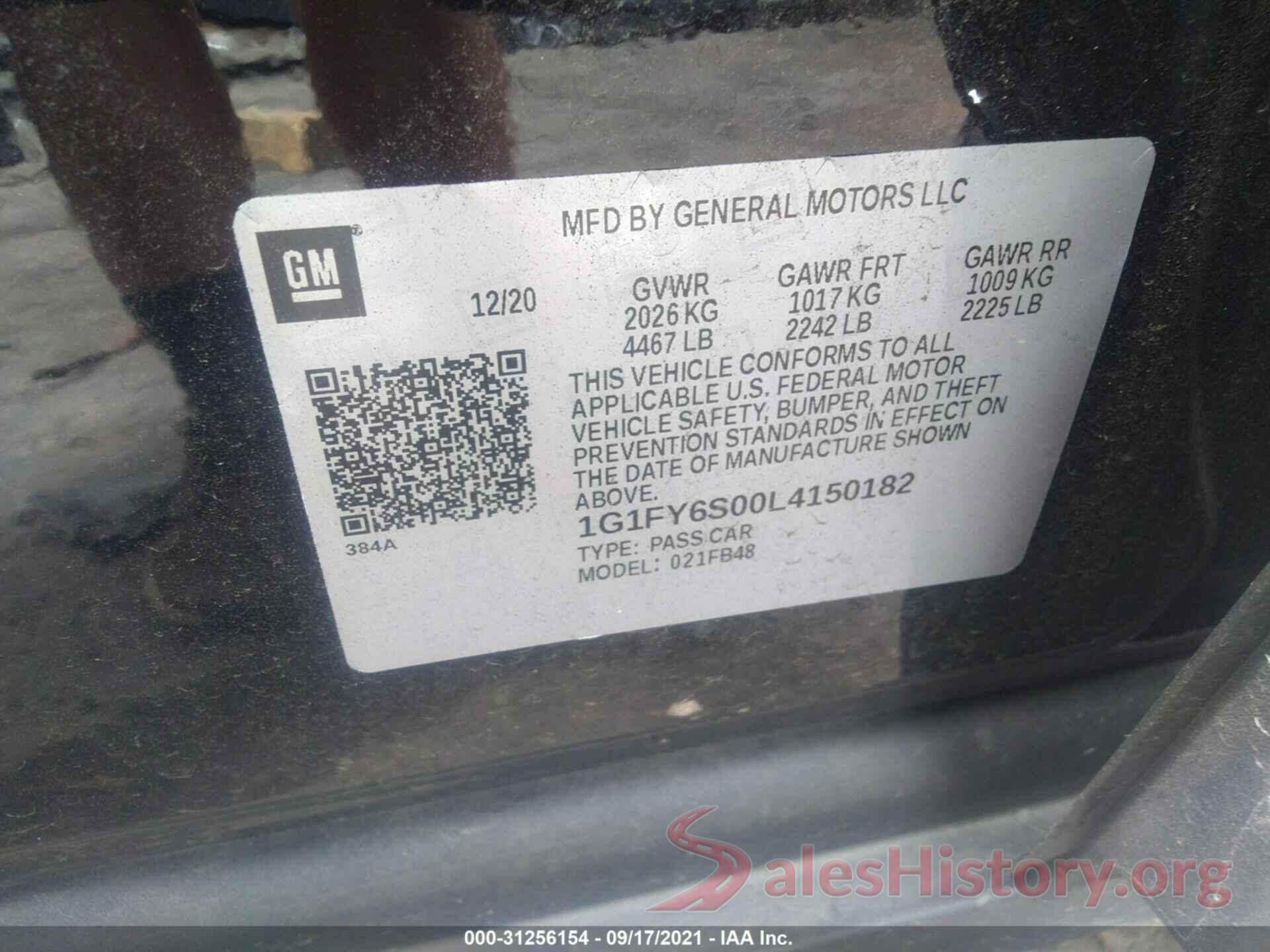 1G1FY6S00L4150182 2020 CHEVROLET BOLT EV