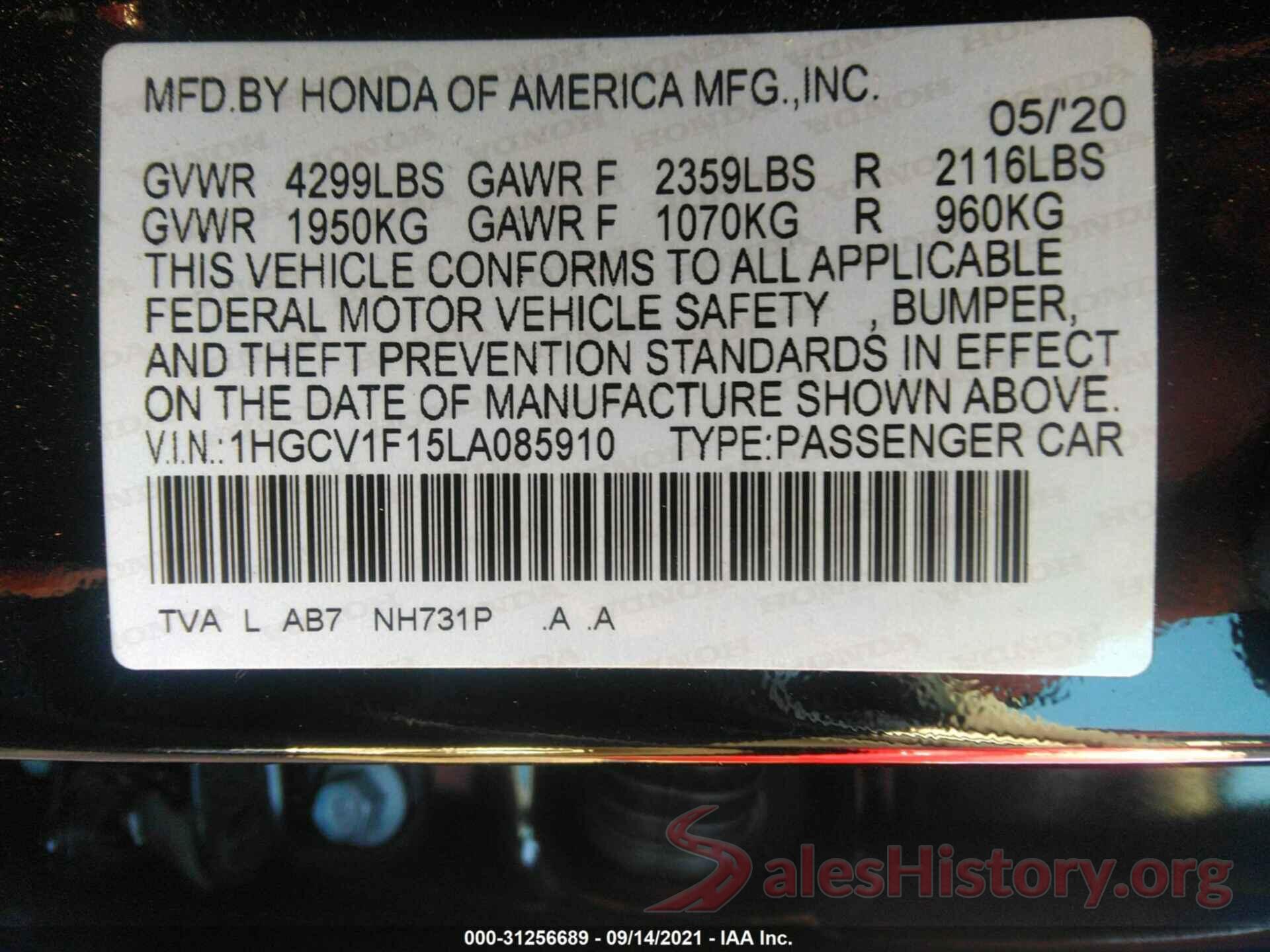 1HGCV1F15LA085910 2020 HONDA ACCORD SEDAN