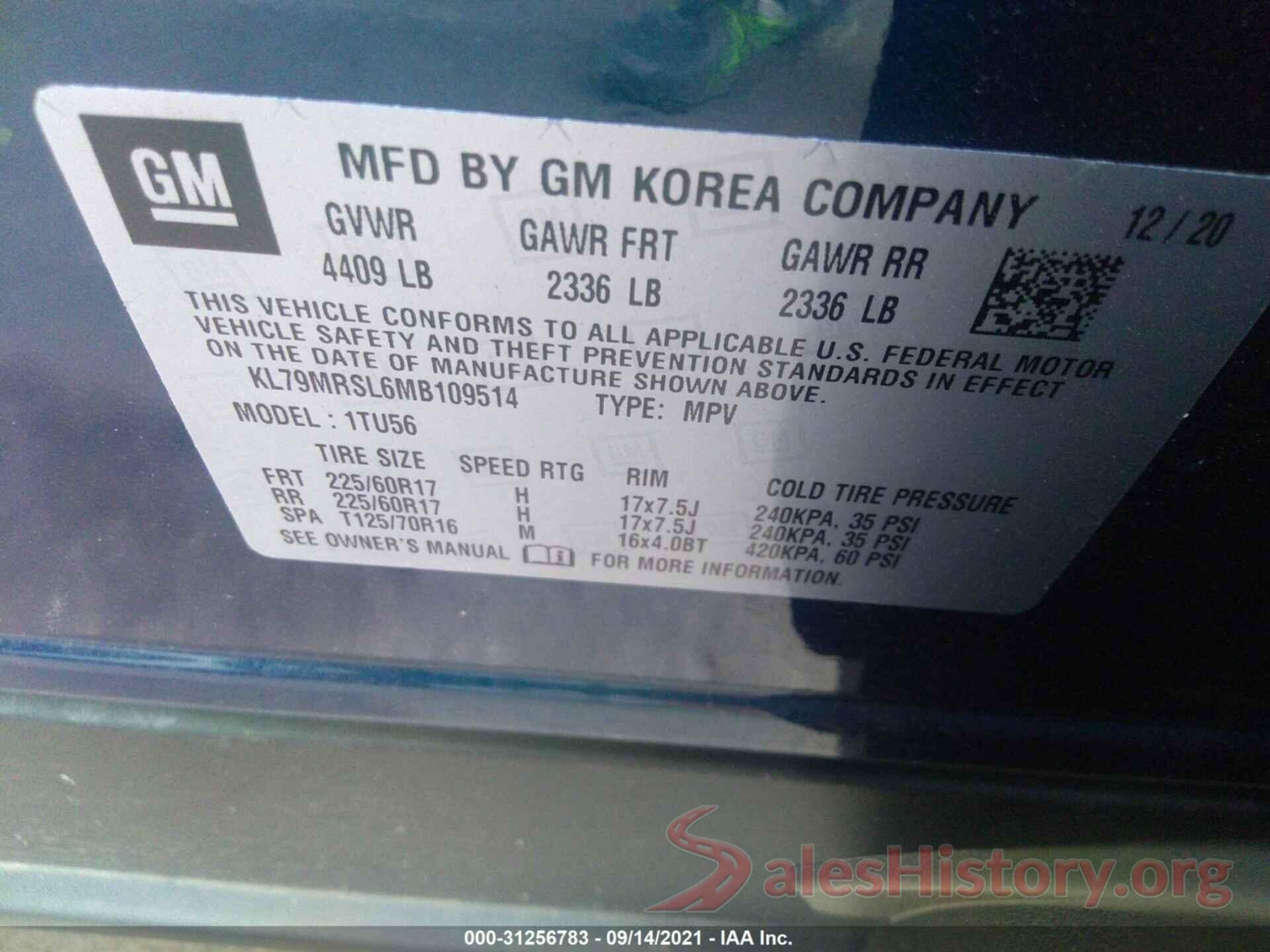 KL79MRSL6MB109514 2021 CHEVROLET TRAILBLAZER