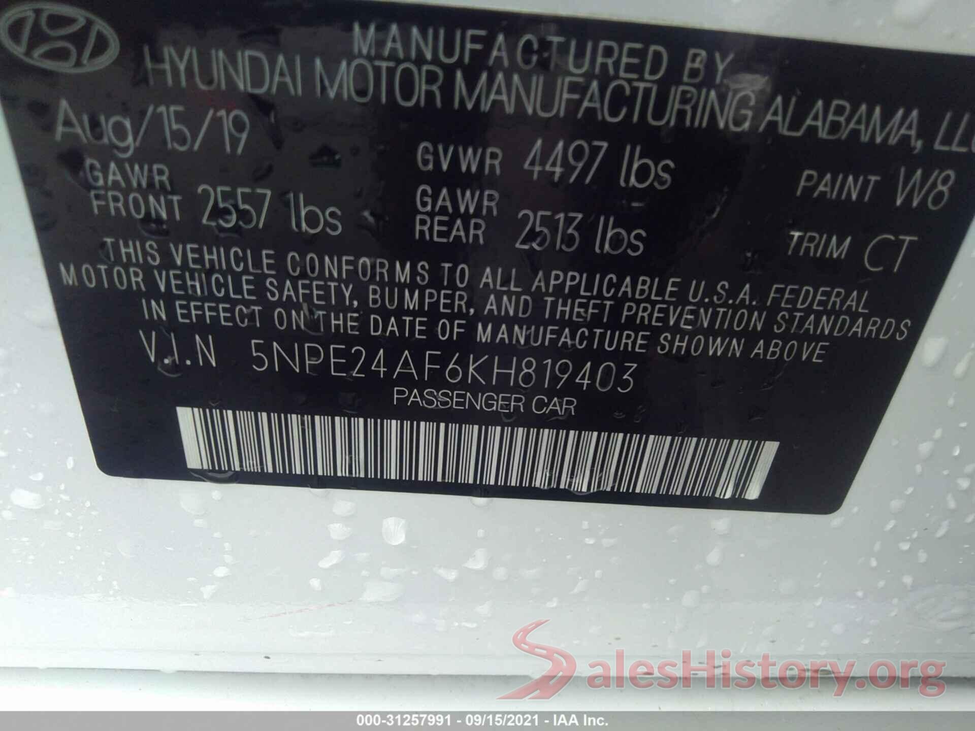 5NPE24AF6KH819403 2019 HYUNDAI SONATA