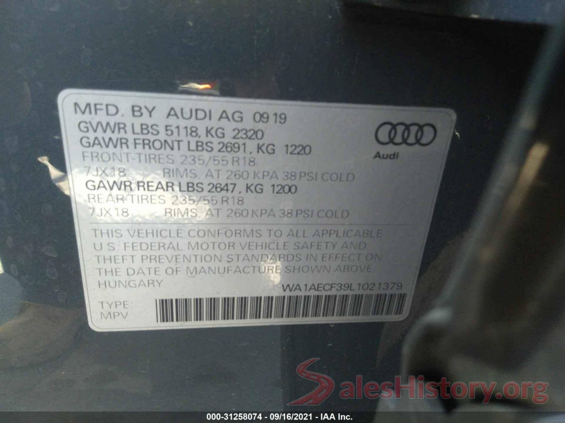 WA1AECF39L1021379 2020 AUDI Q3