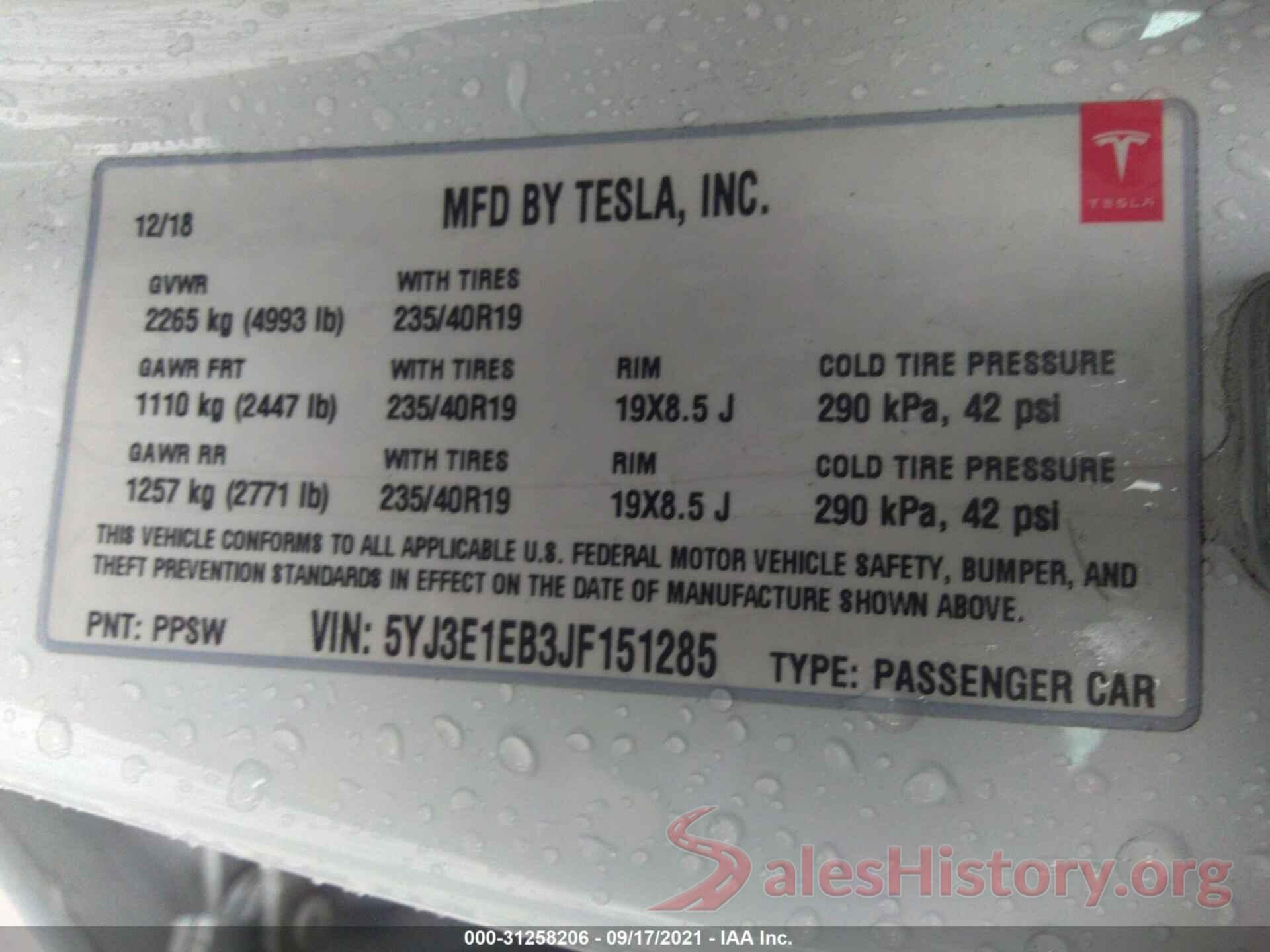 5YJ3E1EB3JF151285 2018 TESLA MODEL 3