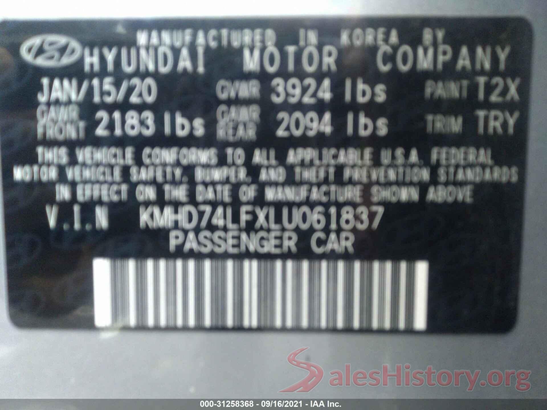 KMHD74LFXLU061837 2020 HYUNDAI ELANTRA