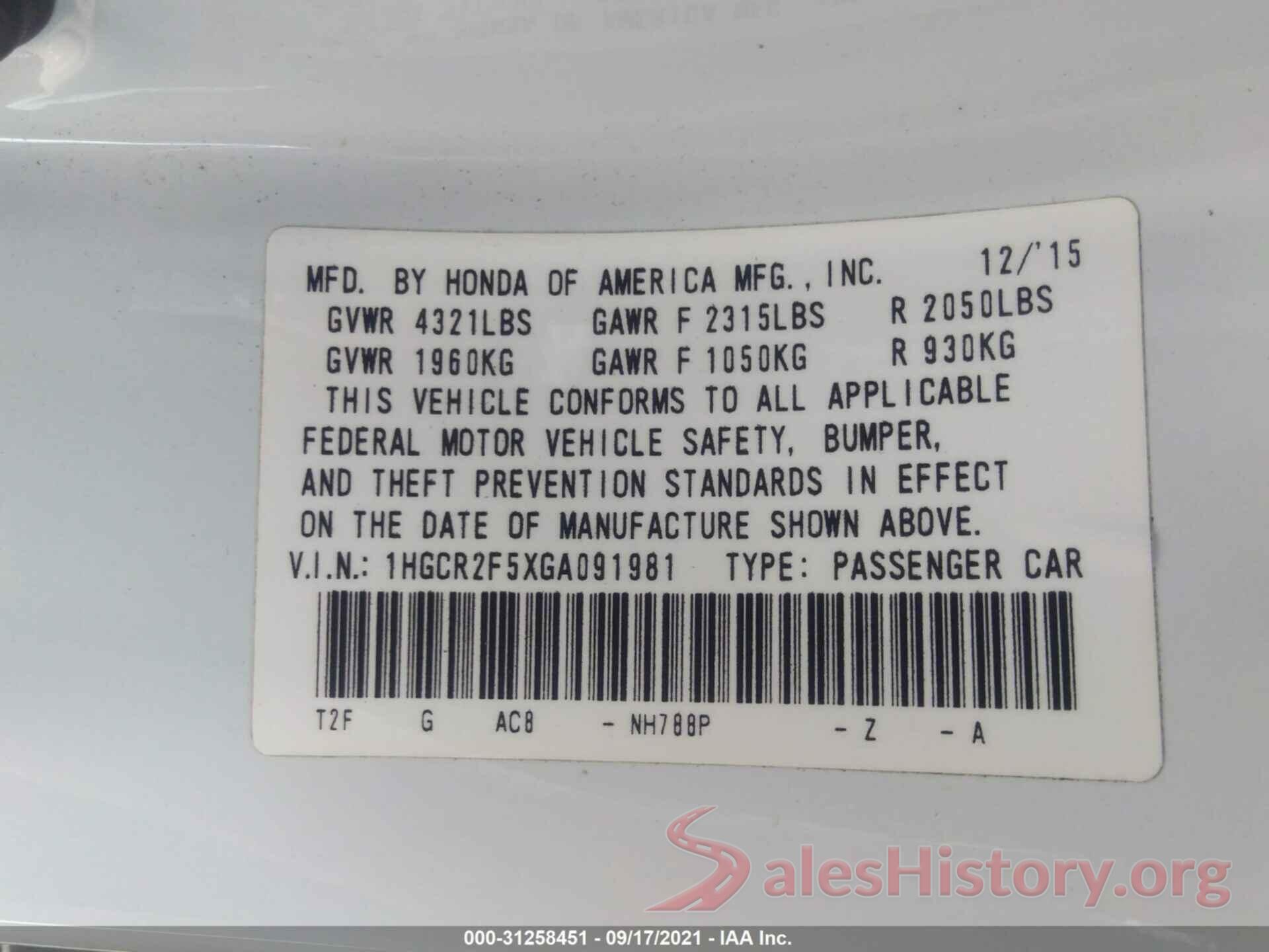 1HGCR2F5XGA091981 2016 HONDA ACCORD SEDAN