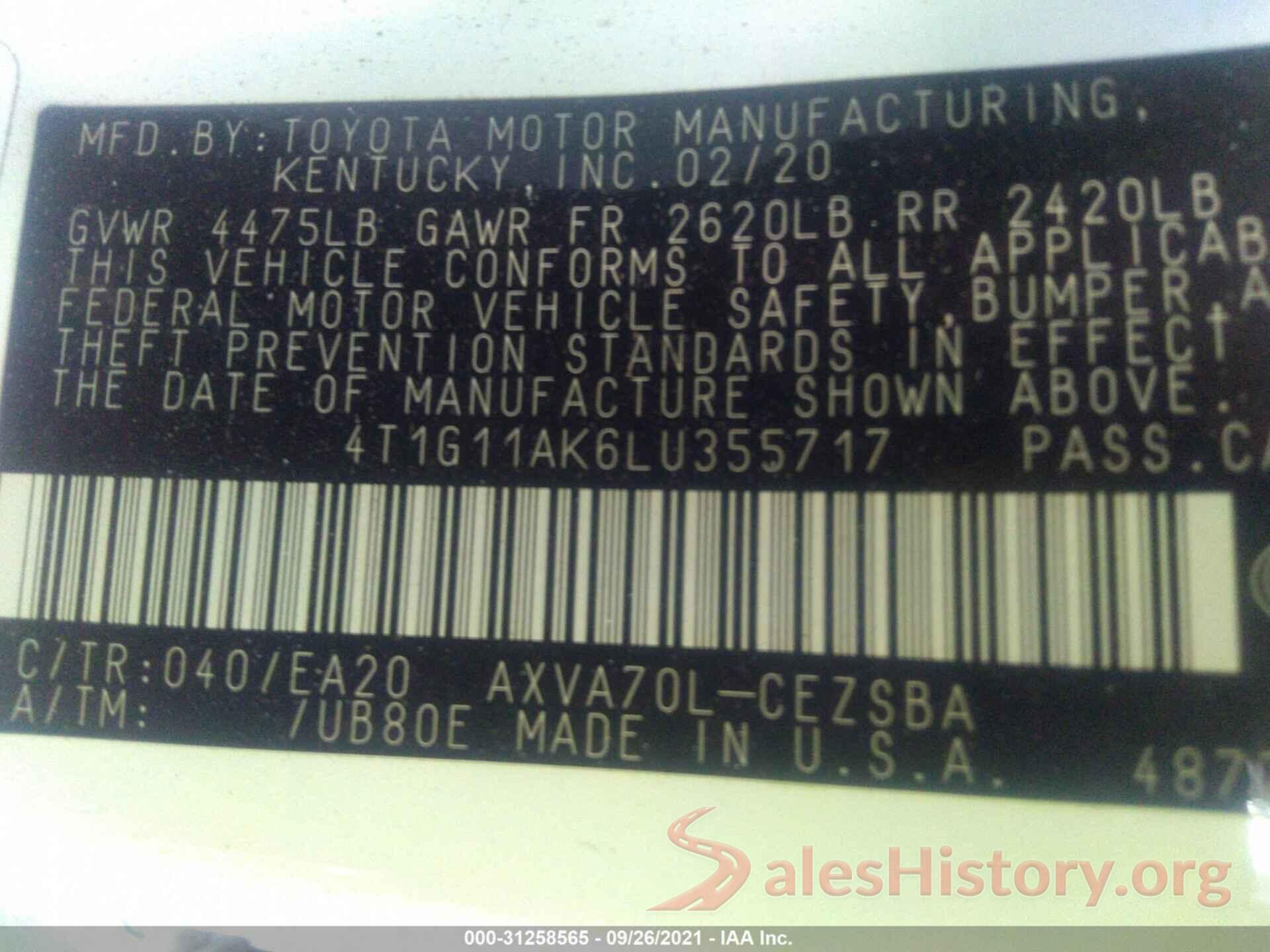 4T1G11AK6LU355717 2020 TOYOTA CAMRY