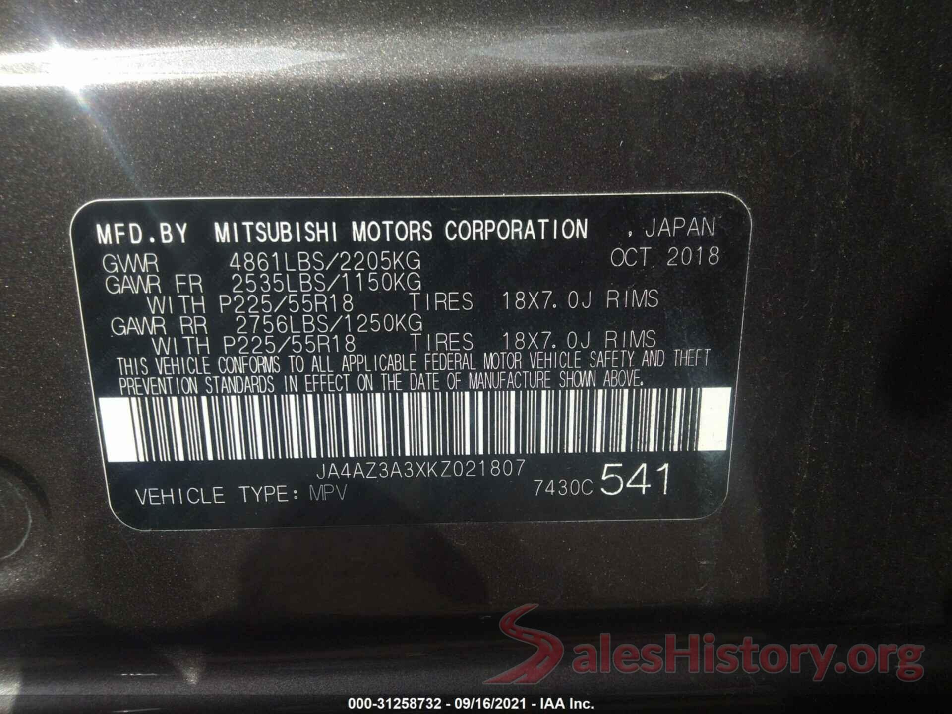 JA4AZ3A3XKZ021807 2019 MITSUBISHI OUTLANDER