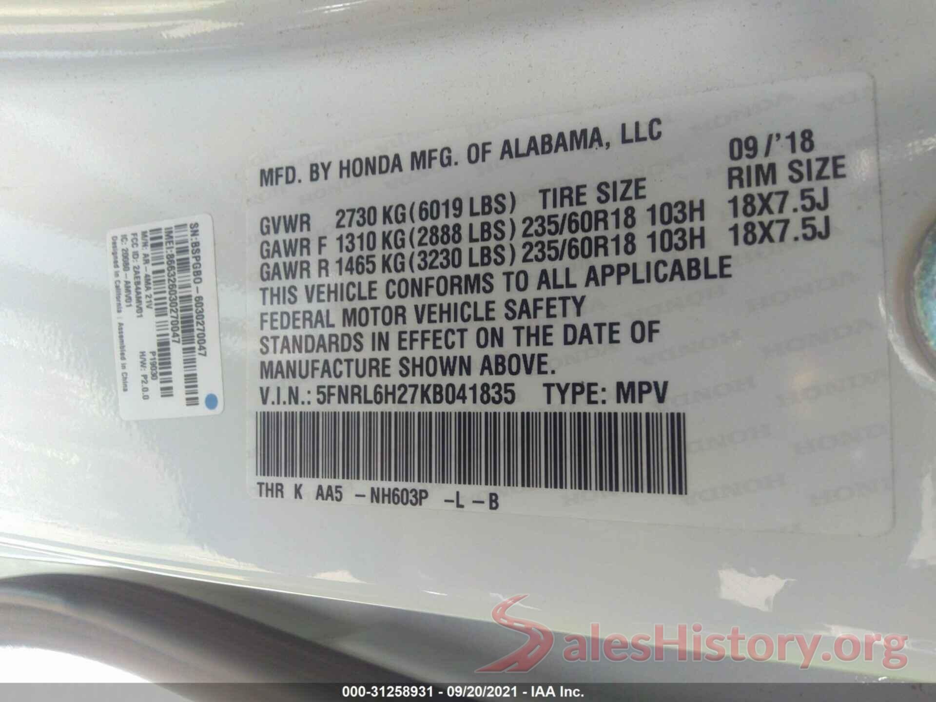 5FNRL6H27KB041835 2019 HONDA ODYSSEY