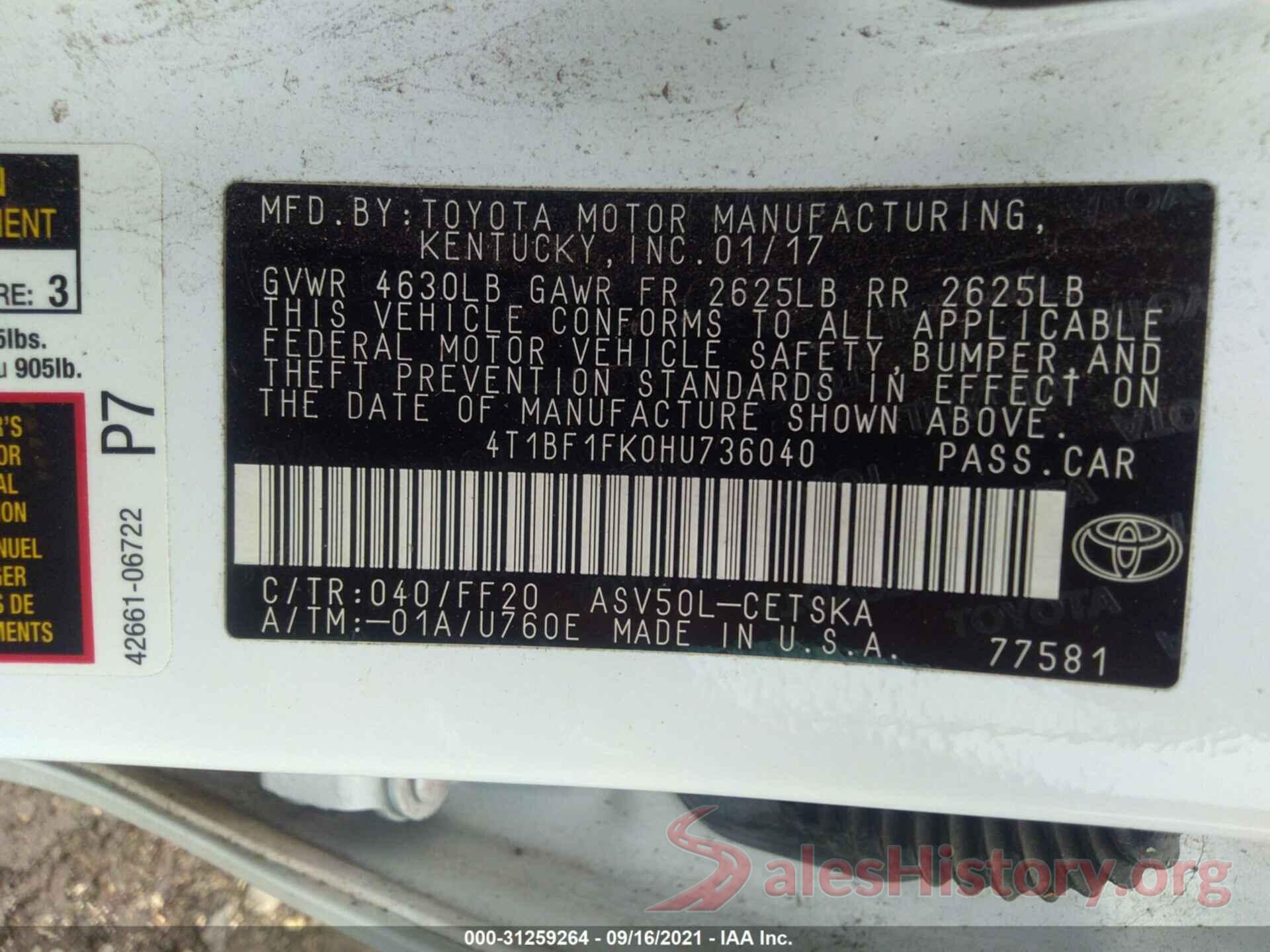 4T1BF1FK0HU736040 2017 TOYOTA CAMRY