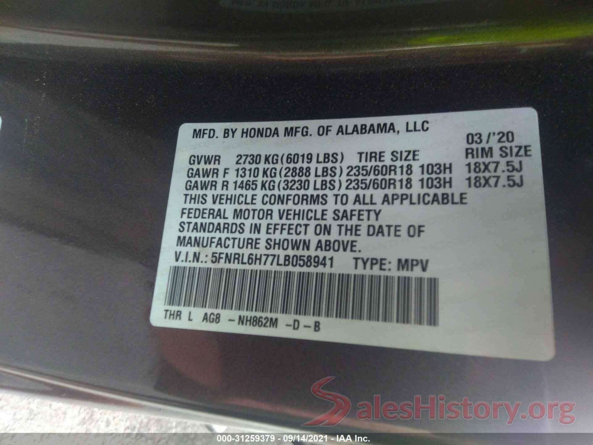 5FNRL6H77LB058941 2020 HONDA ODYSSEY