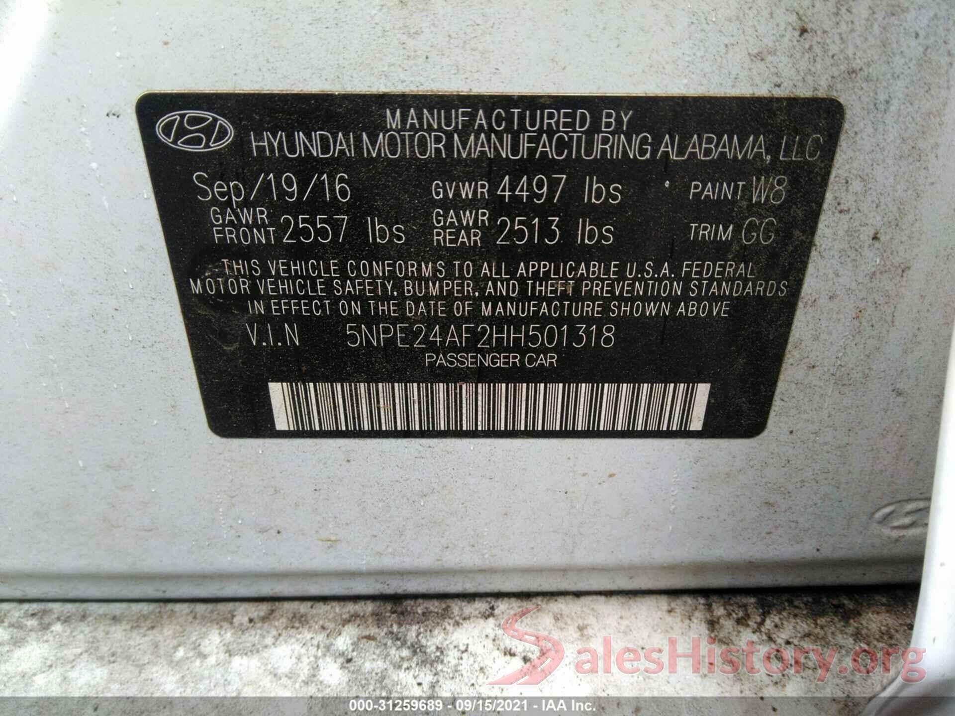 5NPE24AF2HH501318 2017 HYUNDAI SONATA