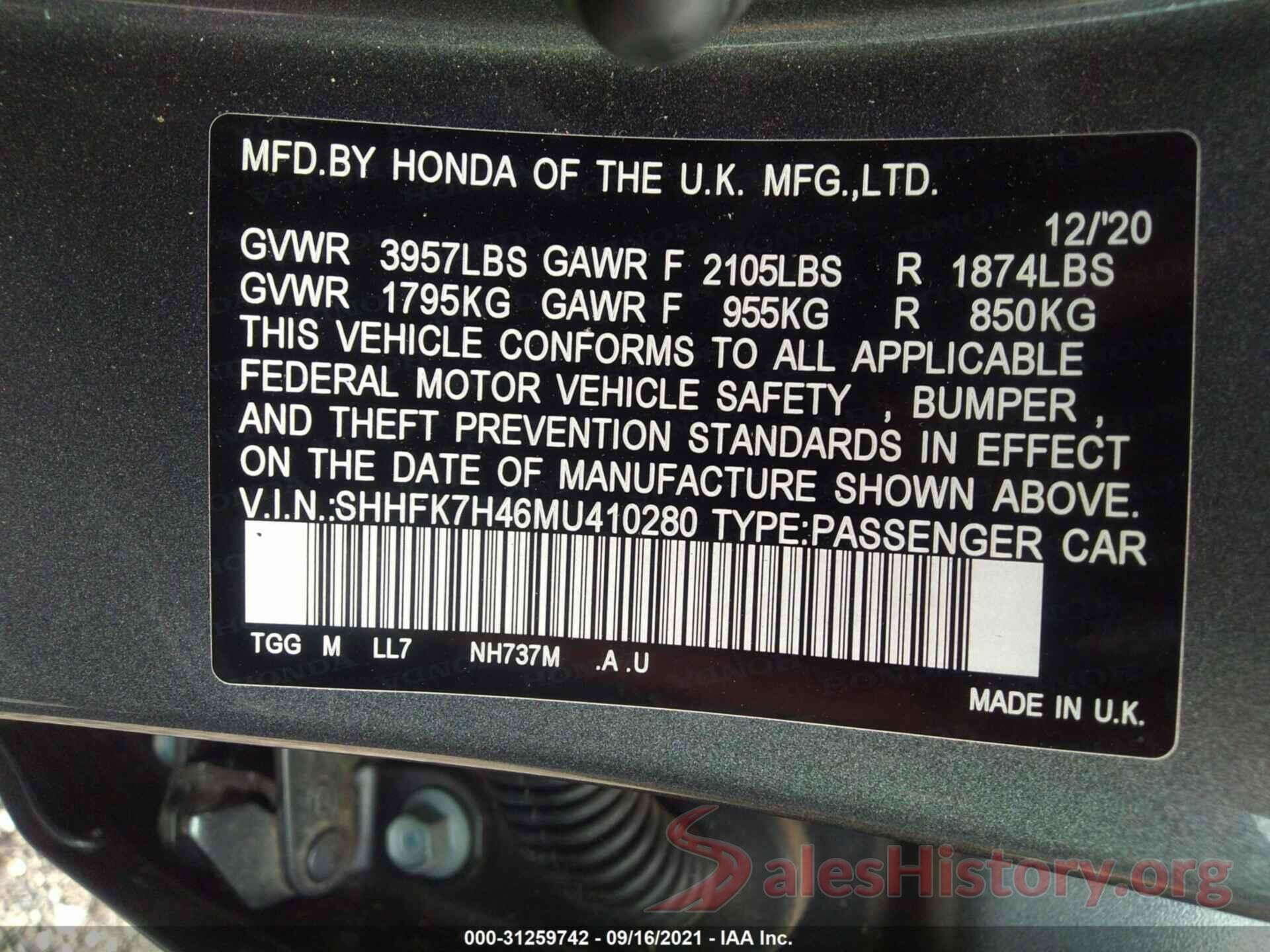 SHHFK7H46MU410280 2021 HONDA CIVIC HATCHBACK