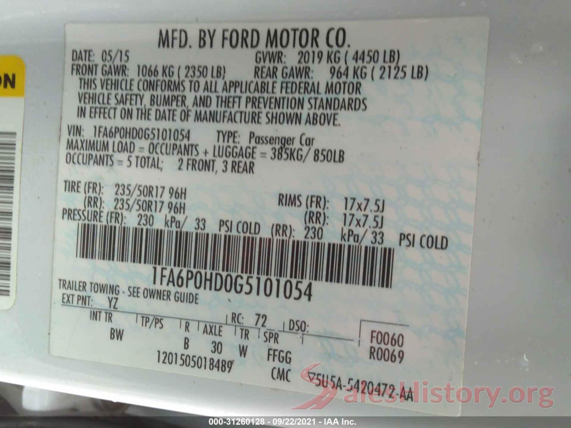 1FA6P0HD0G5101054 2016 FORD FUSION